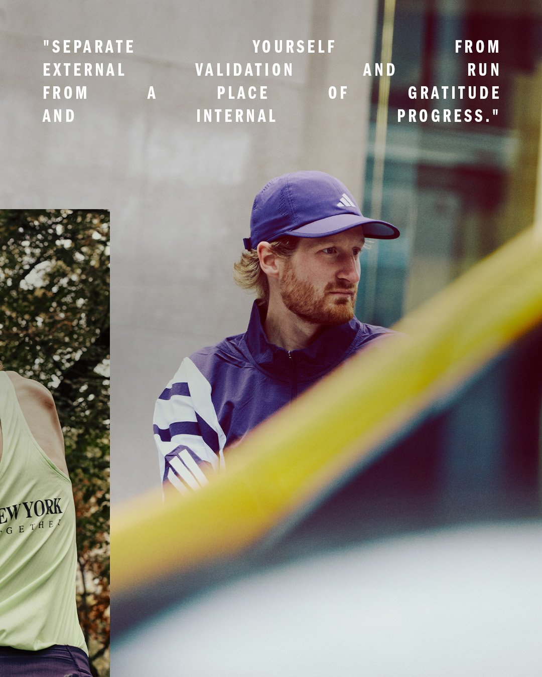 A man with a beard wearing a purple cap and matching sports jacket looking to the side, with text overlay about internal validation and gratitude progress.