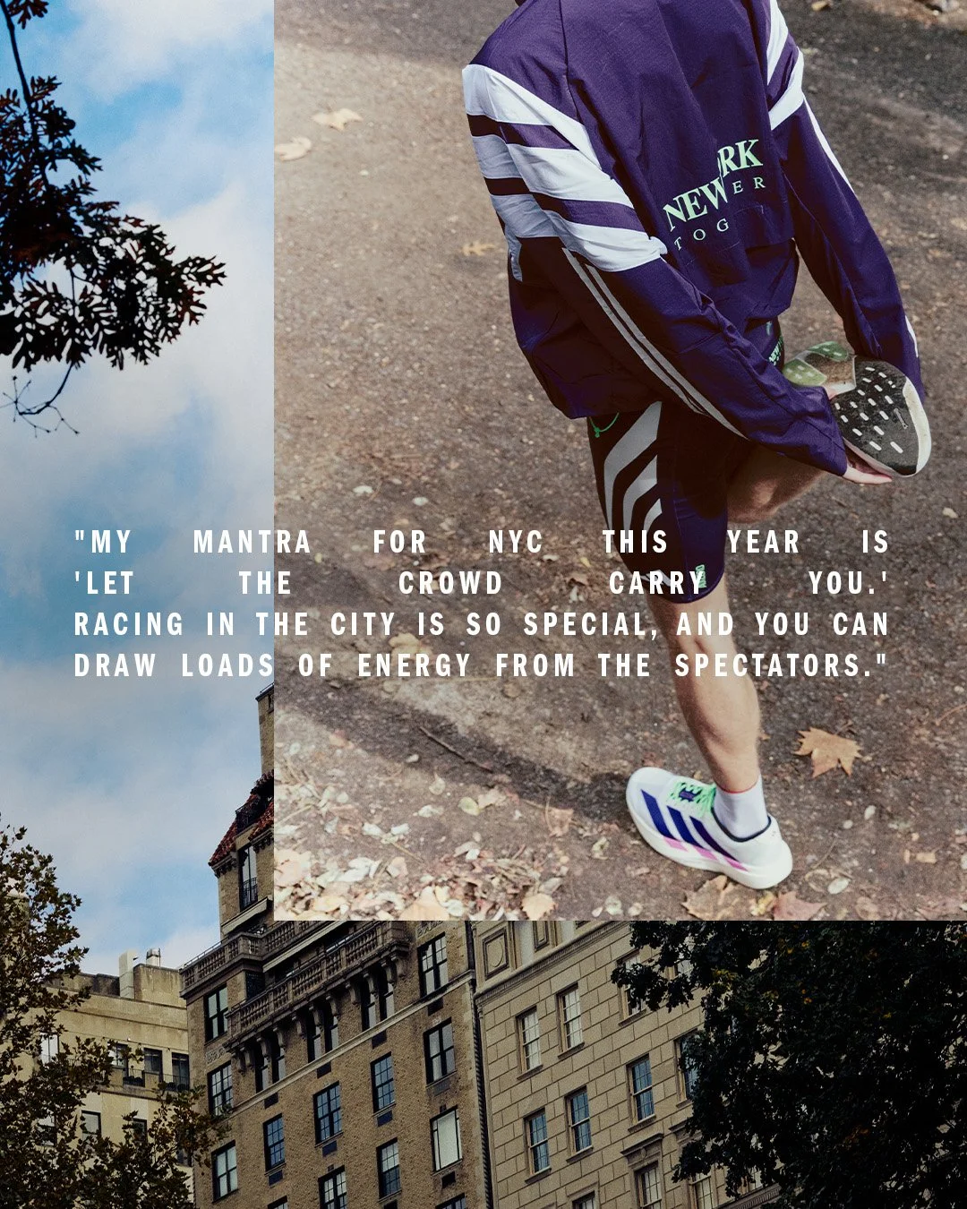 A person wearing a purple jacket, black athletic shorts, and white sneakers with blue and pink accents, holding a shoe in their left hand while standing on a dirt path with fallen leaves. The background includes trees and buildings, with a quote over