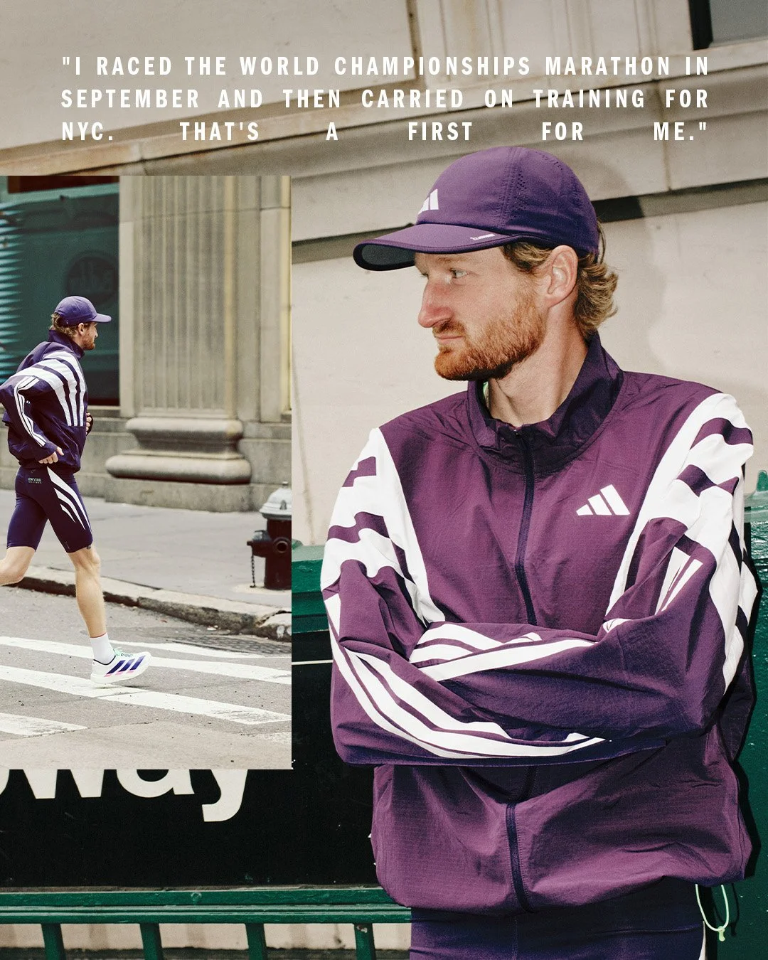 A man in a purple and white Adidas athletic jacket and cap standing with arms crossed, with a smaller inset showing him running on a city street.