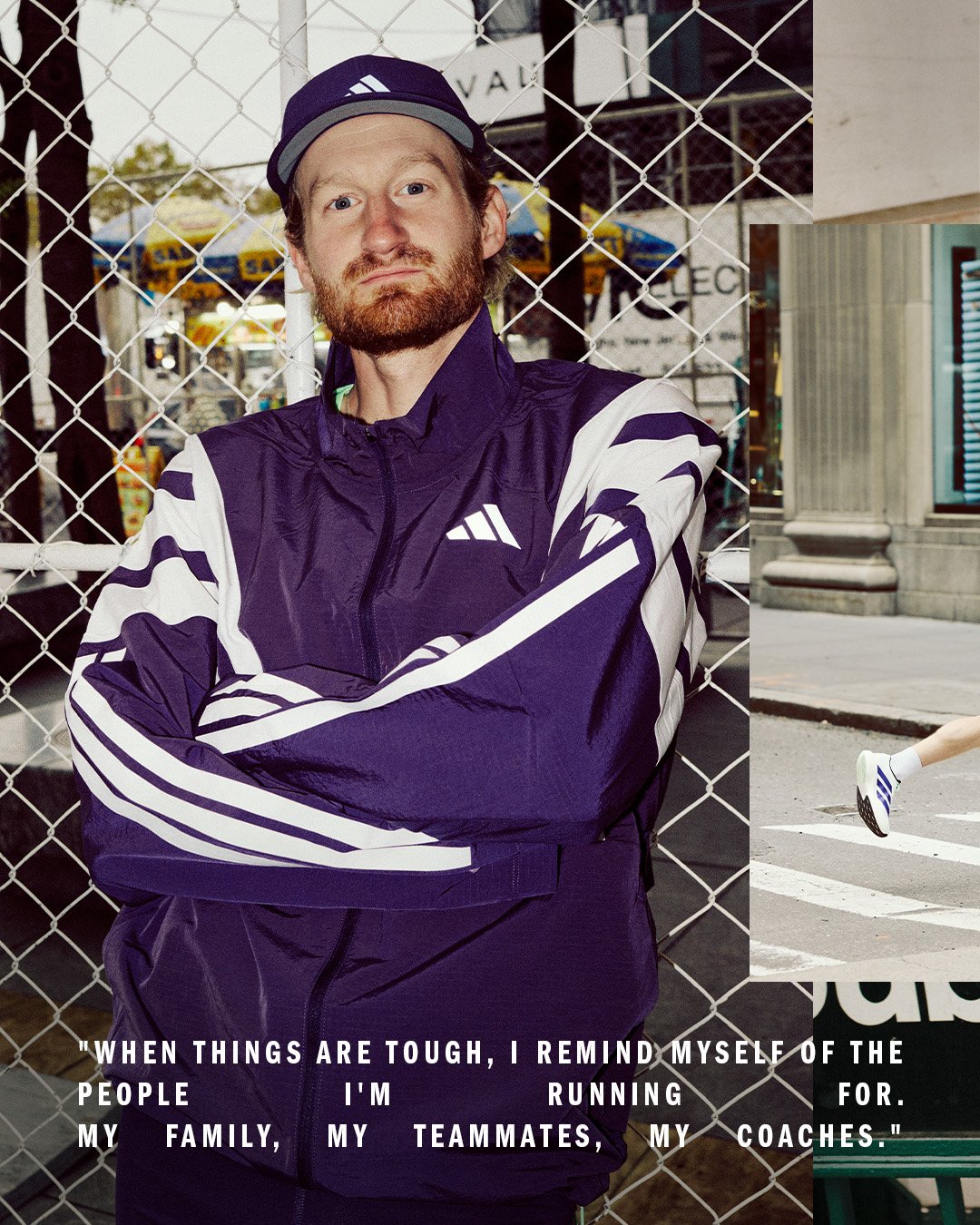 A man with a beard wearing a purple Adidas jacket and a matching Adidas cap tree stands in front of a chain-link fence at an outdoor event, with a quote at the bottom about motivation and teamwork.