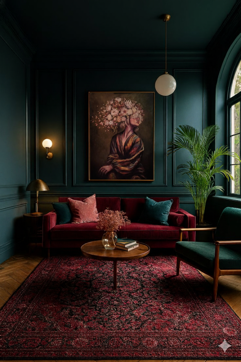 A framed painting of a woman with a flower bouquet on the wall.