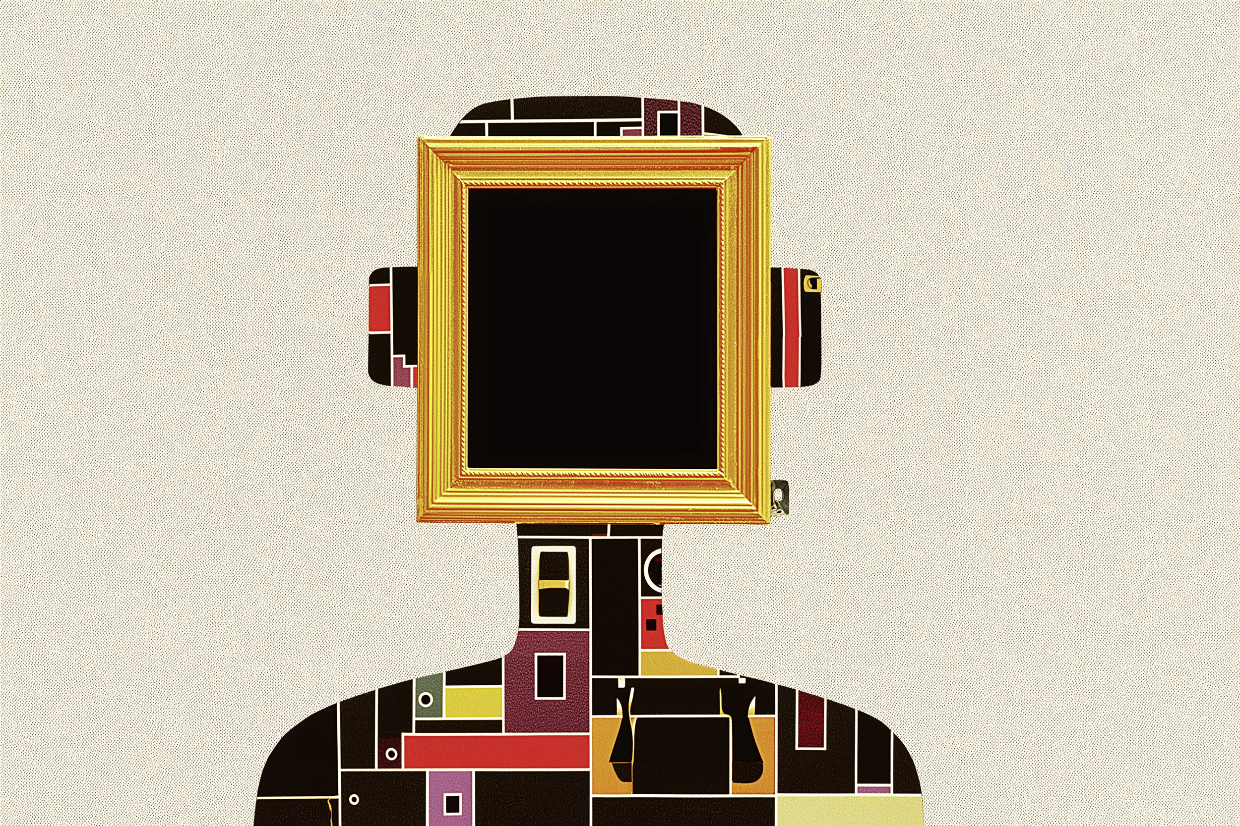 An ornate frame replaces the face of an illustrated mechanical man. Depicted in a cutout illustrative style.