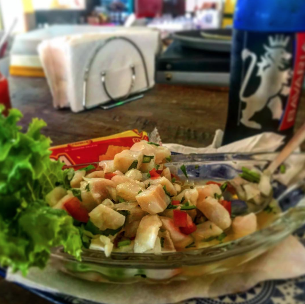 Bavaria Beer, in the trademark blue bottle, goes well with Ceviche. Photo taken at Nema Bar & Restaurant in Puerto Viejo.