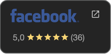 Facebook logo med 5-stjerners vurdering og 36 anmeldelser.