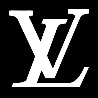 Louis Vuitton logo i hvitt på svart bakgrunn.