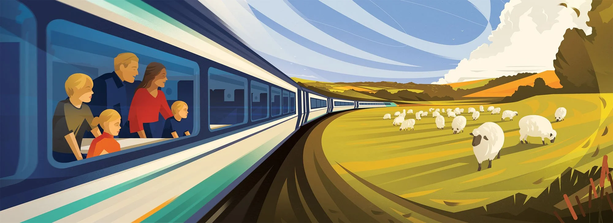 Family looking out the window of a train passing a field of sheep for a travel advertorial textured vector illustration.