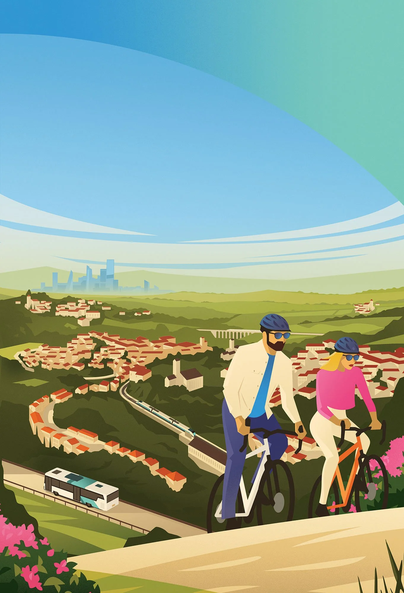 Couple cycling through a scenic landscape with a train and bus for a sustainable travel advertorial illustration.