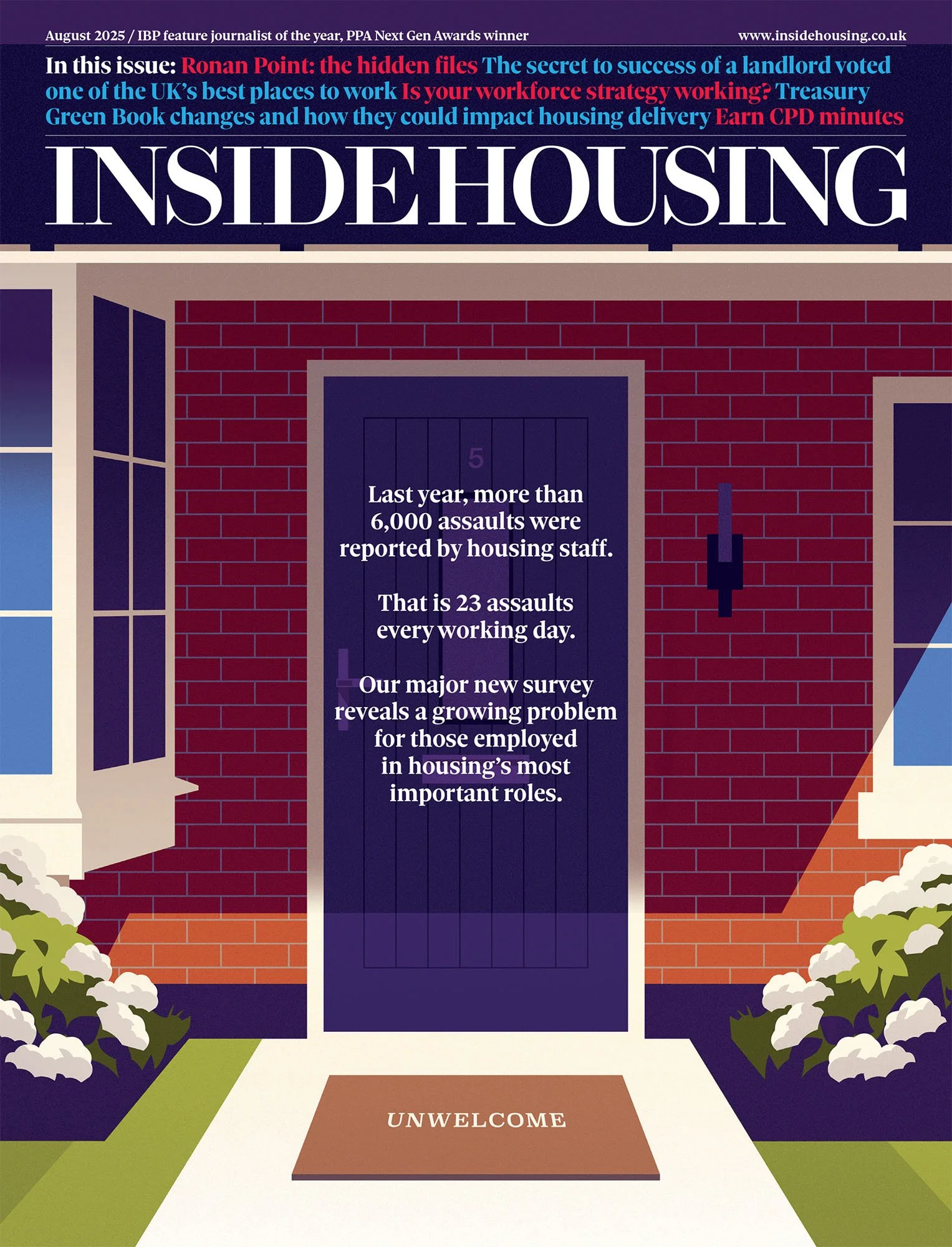 Front door of a red brick house with an "Unwelcome" doormat for a housing conceptual editorial textured vector illustration.