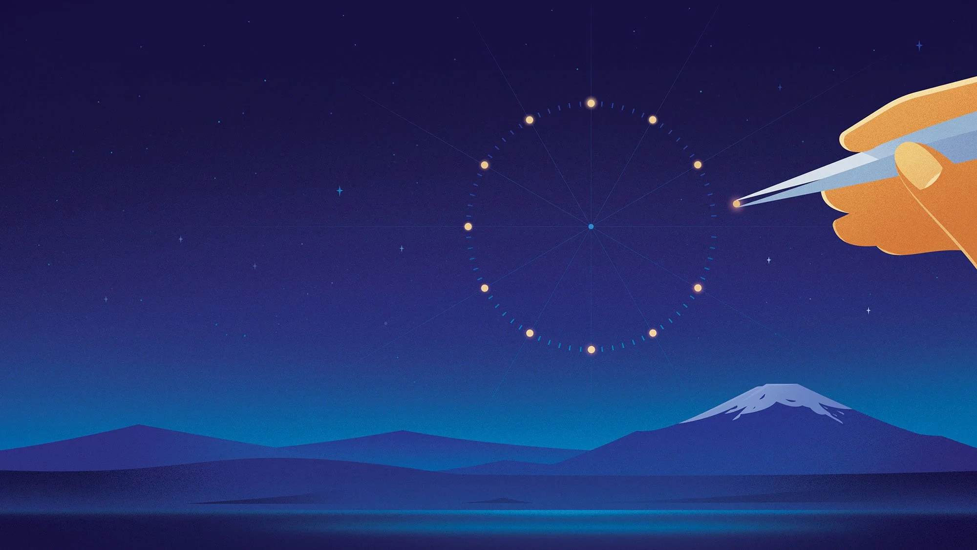 Hand using tweezers on a glowing clock face in a starry night sky for a time conceptual advertorial textured vector illustration.