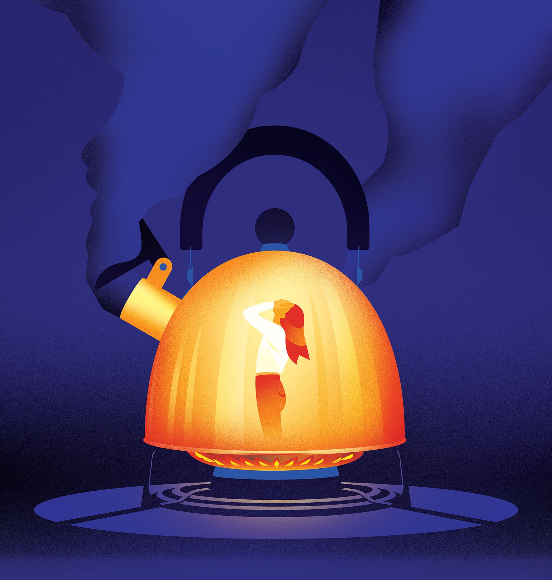 Woman standing inside a boiling tea kettle for a rage conceptual editorial textured vector illustration.