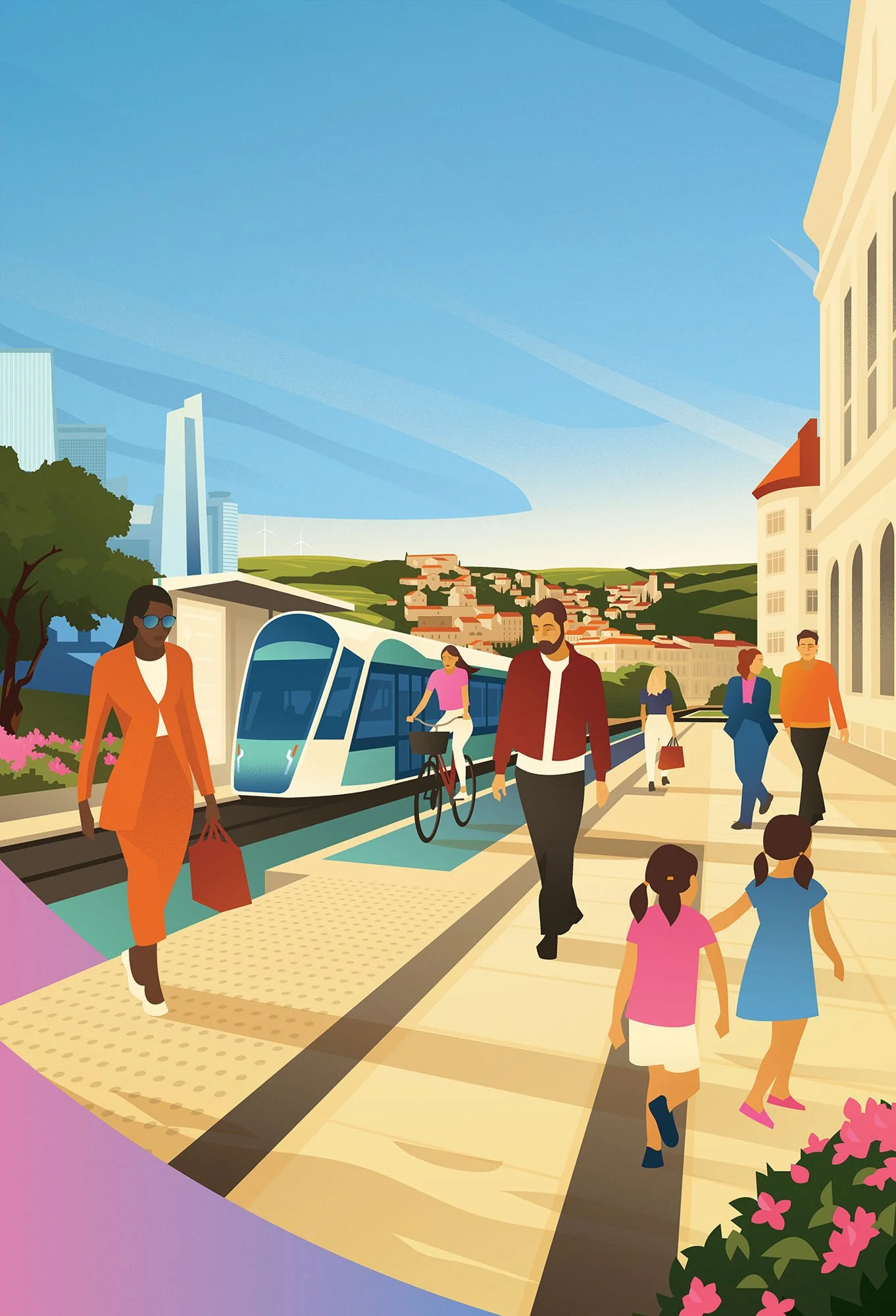 People walking near a modern tram station for an eco-friendly cities advertorial travel editorial textured illustration.