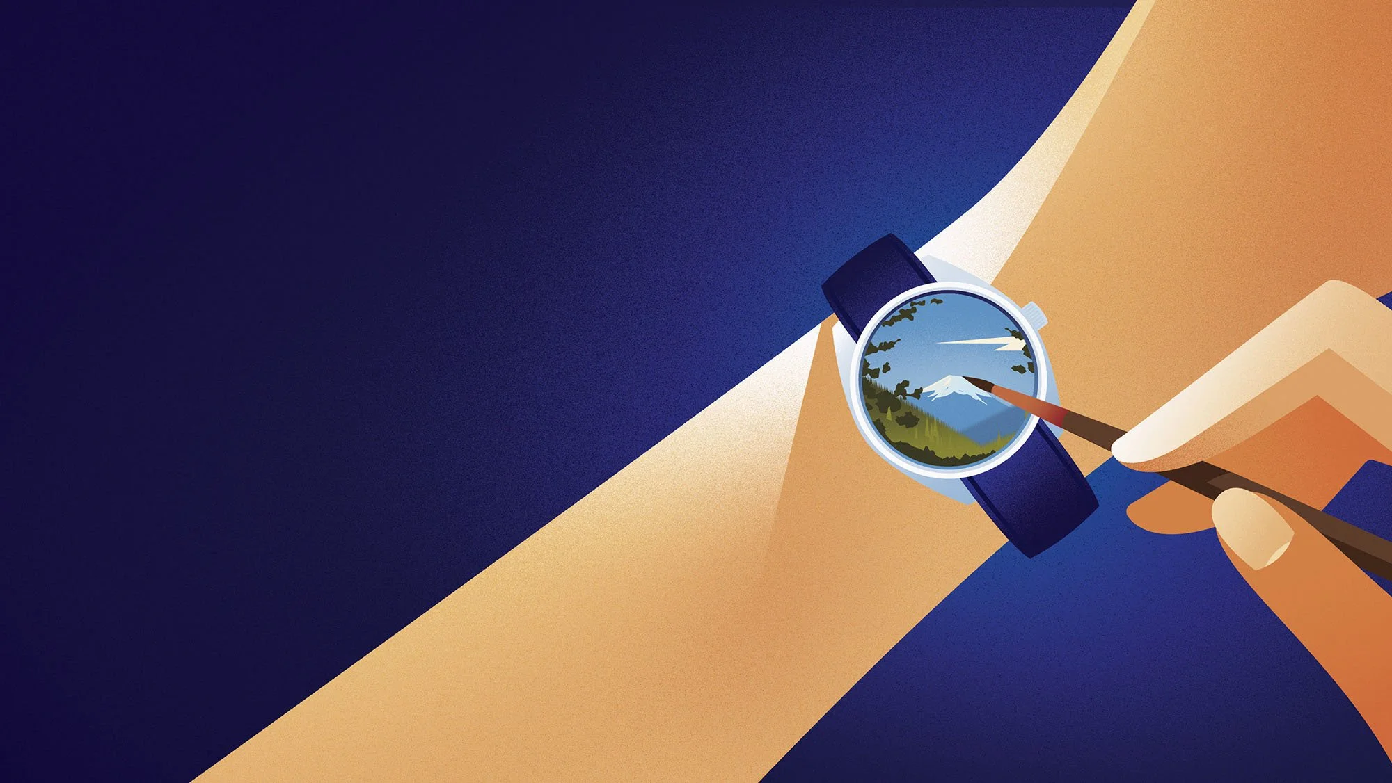 Hand painting a landscape scene onto a wristwatch for a time conceptual advertorial textured vector illustration.