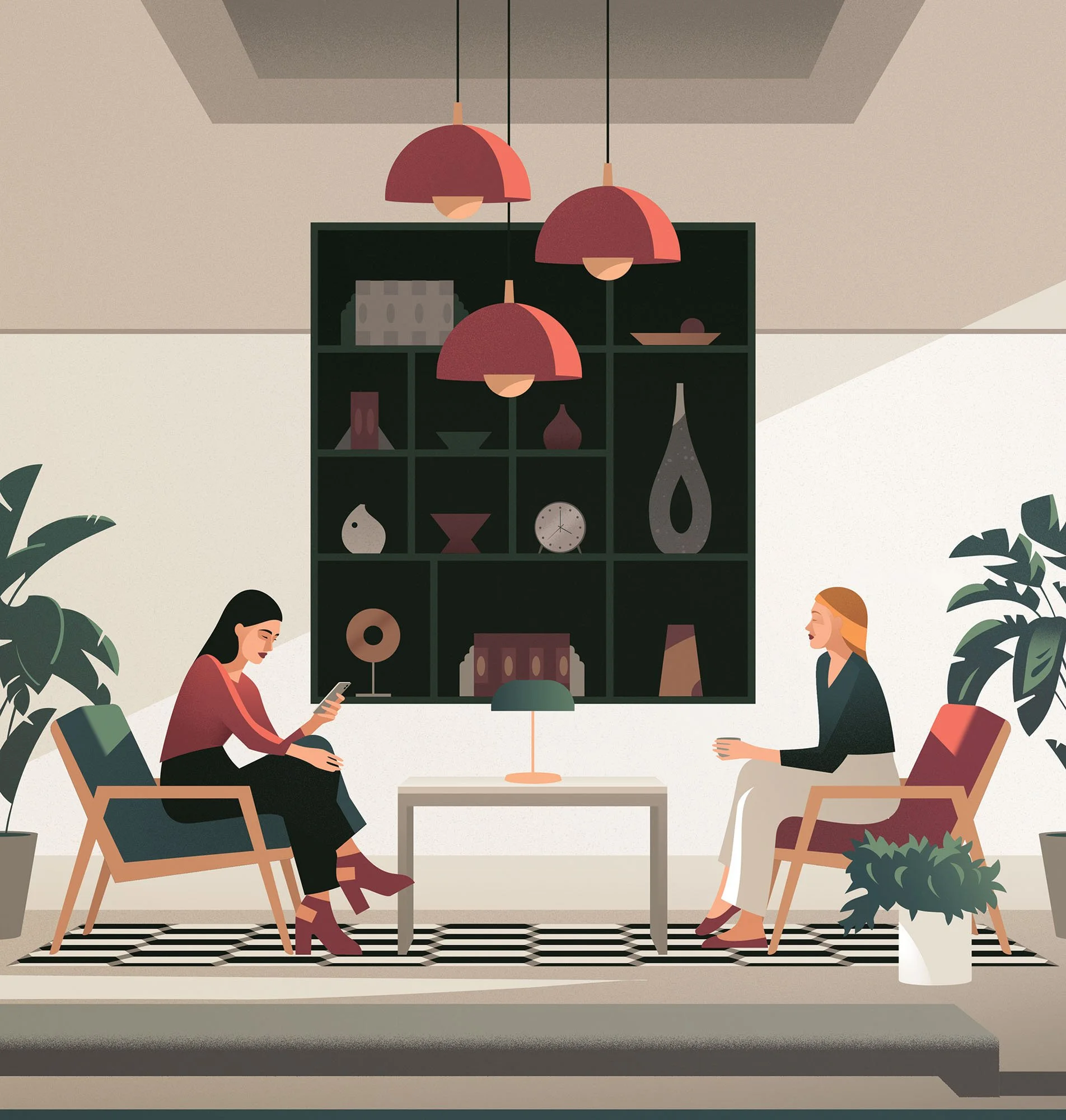 Woman speaking with a therapist in a modern office for a mental health lifestyle editorial textured vector illustration