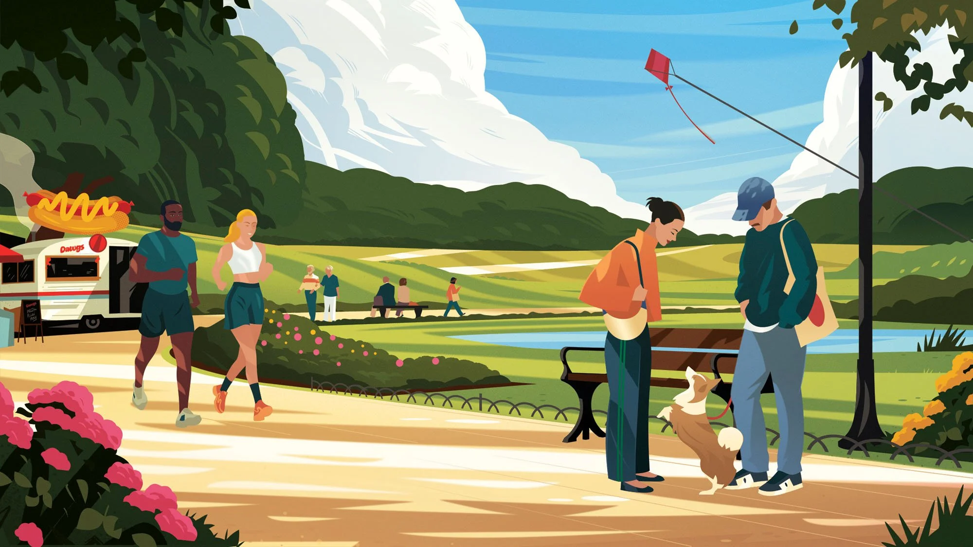 People walking and relaxing with dogs in a sunny park for a lifestyle editorial textured vector illustration.