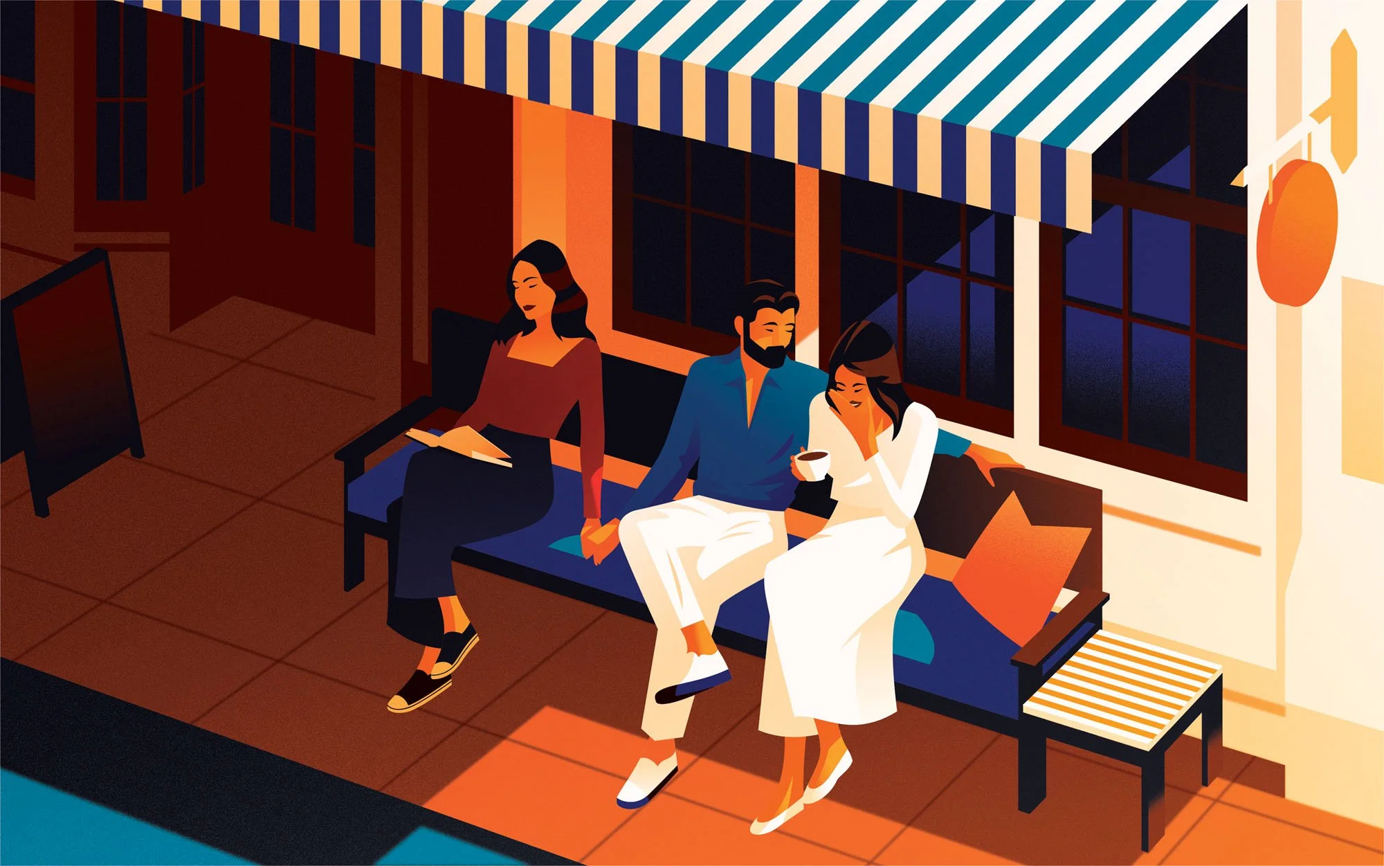 People relaxing and drinking coffee outside a cafe for a lifestyle editorial textured vector illustration.