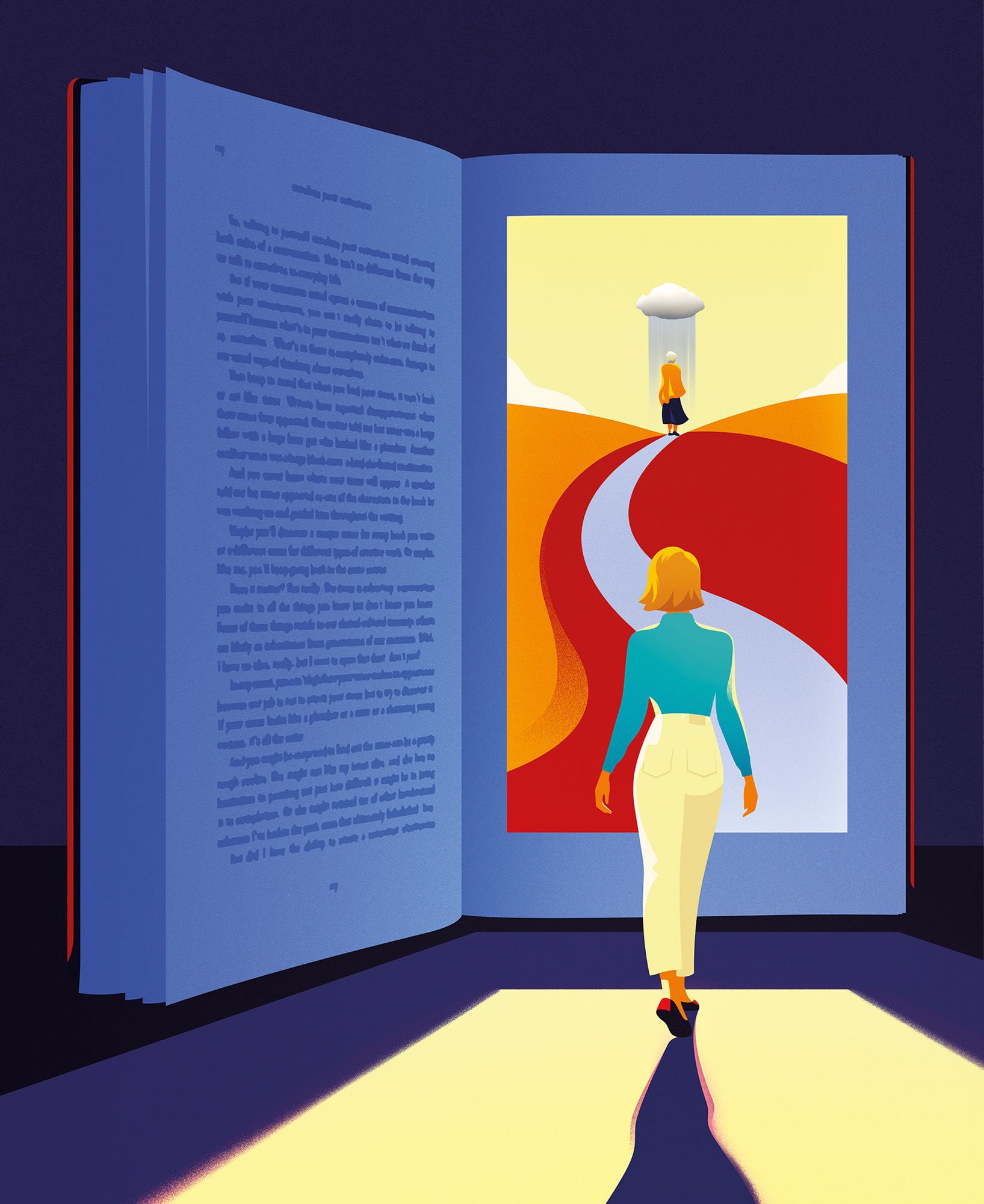 Woman walking into a giant book toward a figure under a cloud for a grief conceptual editorial textured vector illustration.