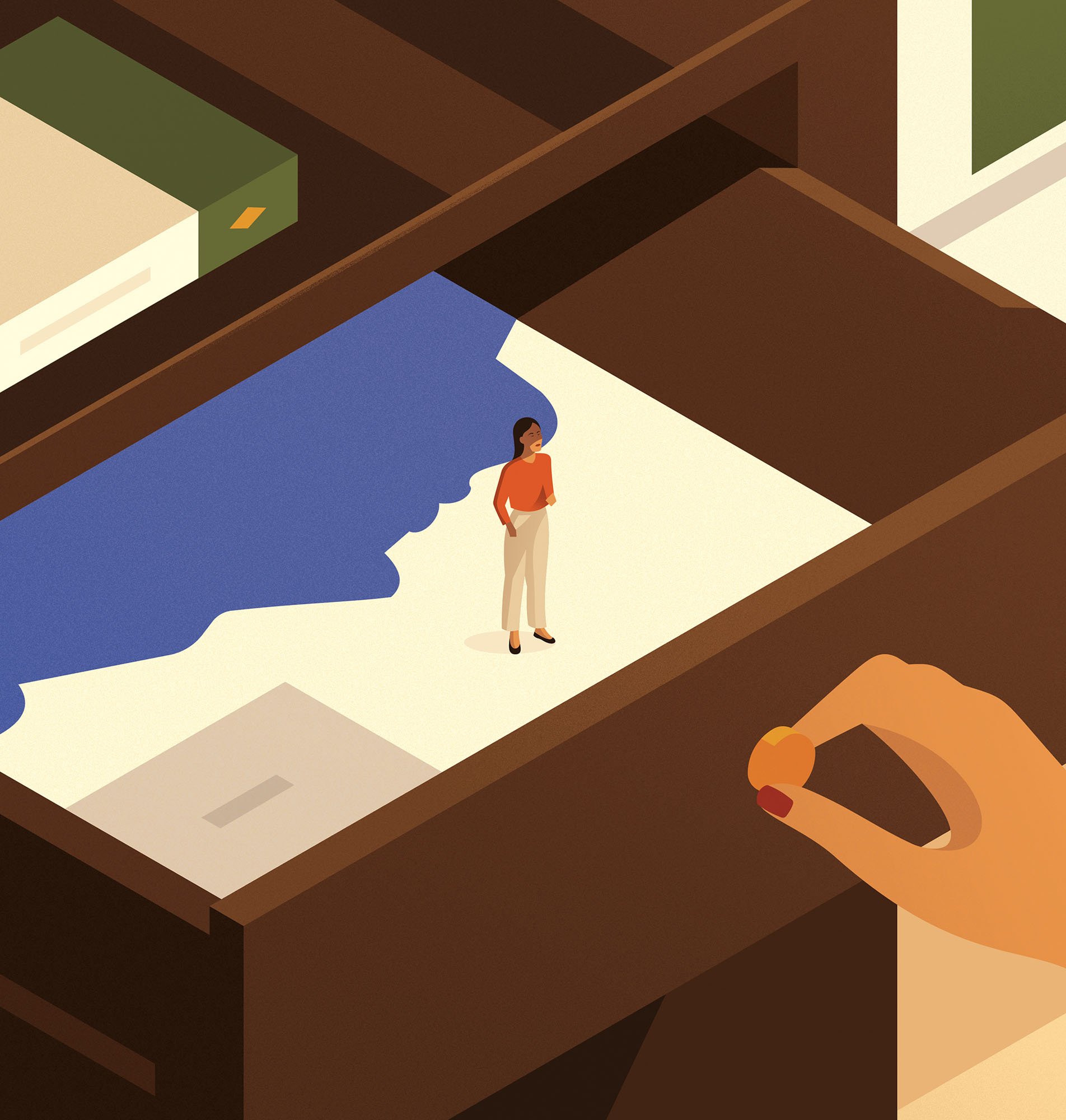 Hand opening a drawer to a tiny woman and male shadow for a trauma conceptual editorial textured vector illustration.