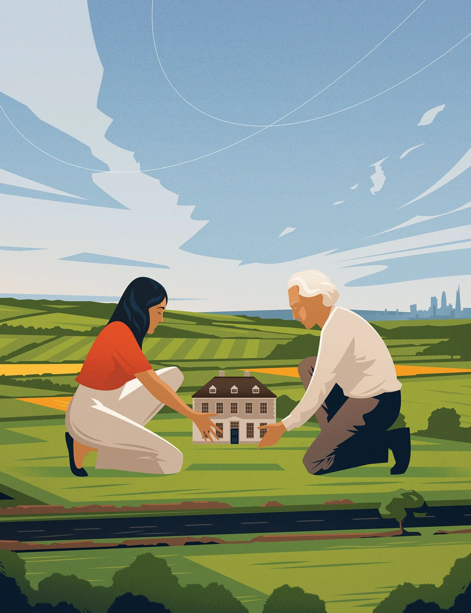Couple placing a small house model on a rural landscape for a conceptual first time buyer vector illustration.
