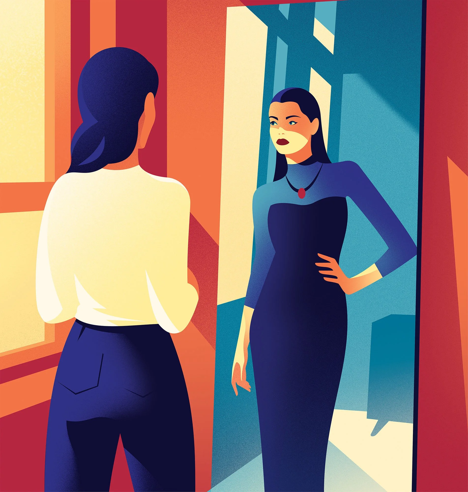 Woman looking in a mirror and seeing her younger self for an aging conceptual lifestyle editorial textured vector illustration.