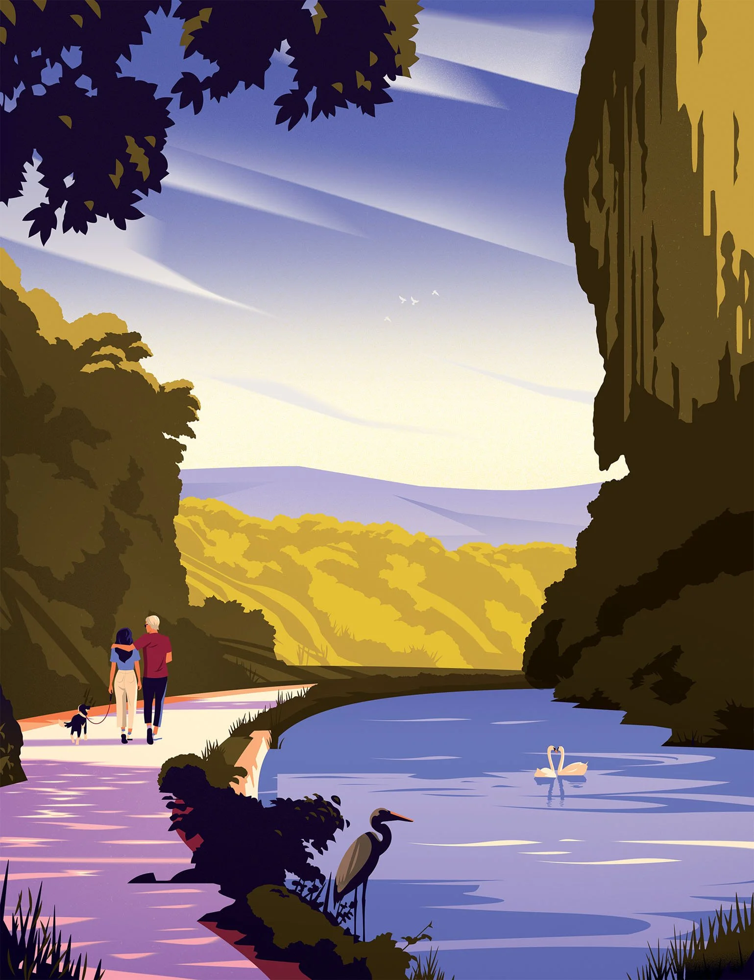 Couple walking a dog by a canal at sunset with a heron for a peaceful lifestyle travel editorial textured vector illustration.