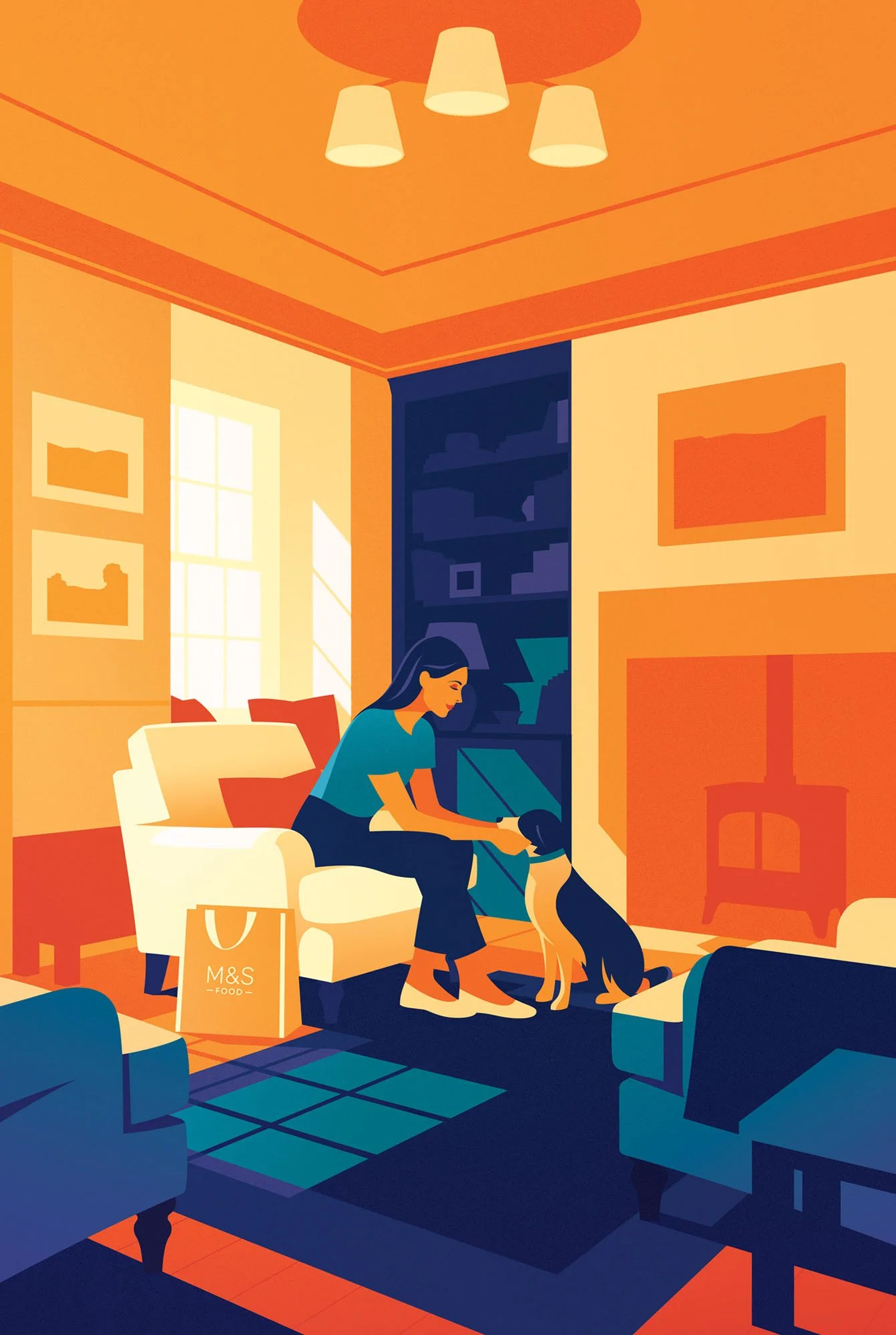 Woman petting a dog in a cozy living room for a comfortable home lifestyle editorial textured vector illustration.