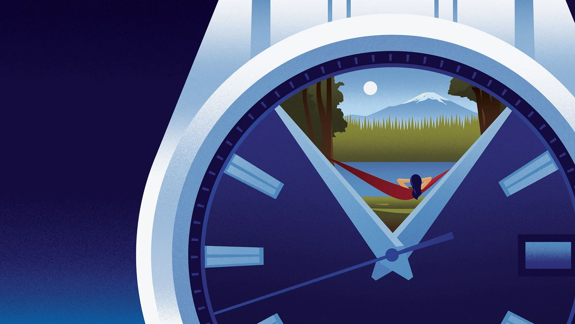 Person relaxing in a hammock inside a giant clock face for a time management conceptual advertorial textured vector illustration.