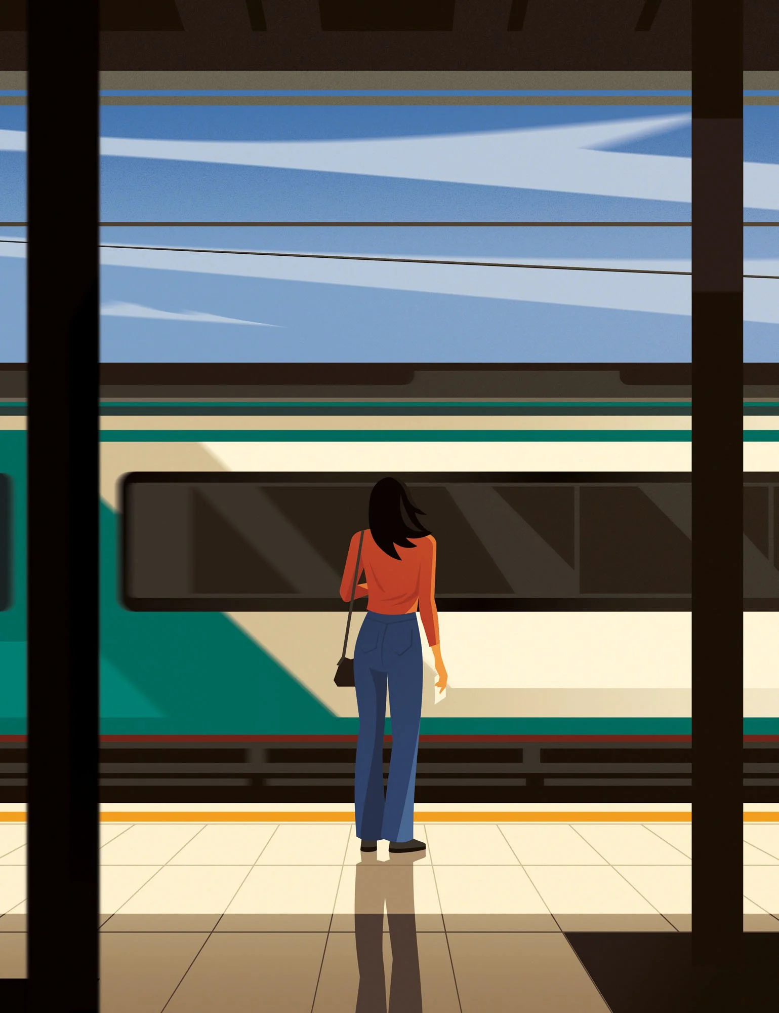 Woman standing on a station platform waiting by a train for a commuting lifestyle  editorial textured vector illustration.