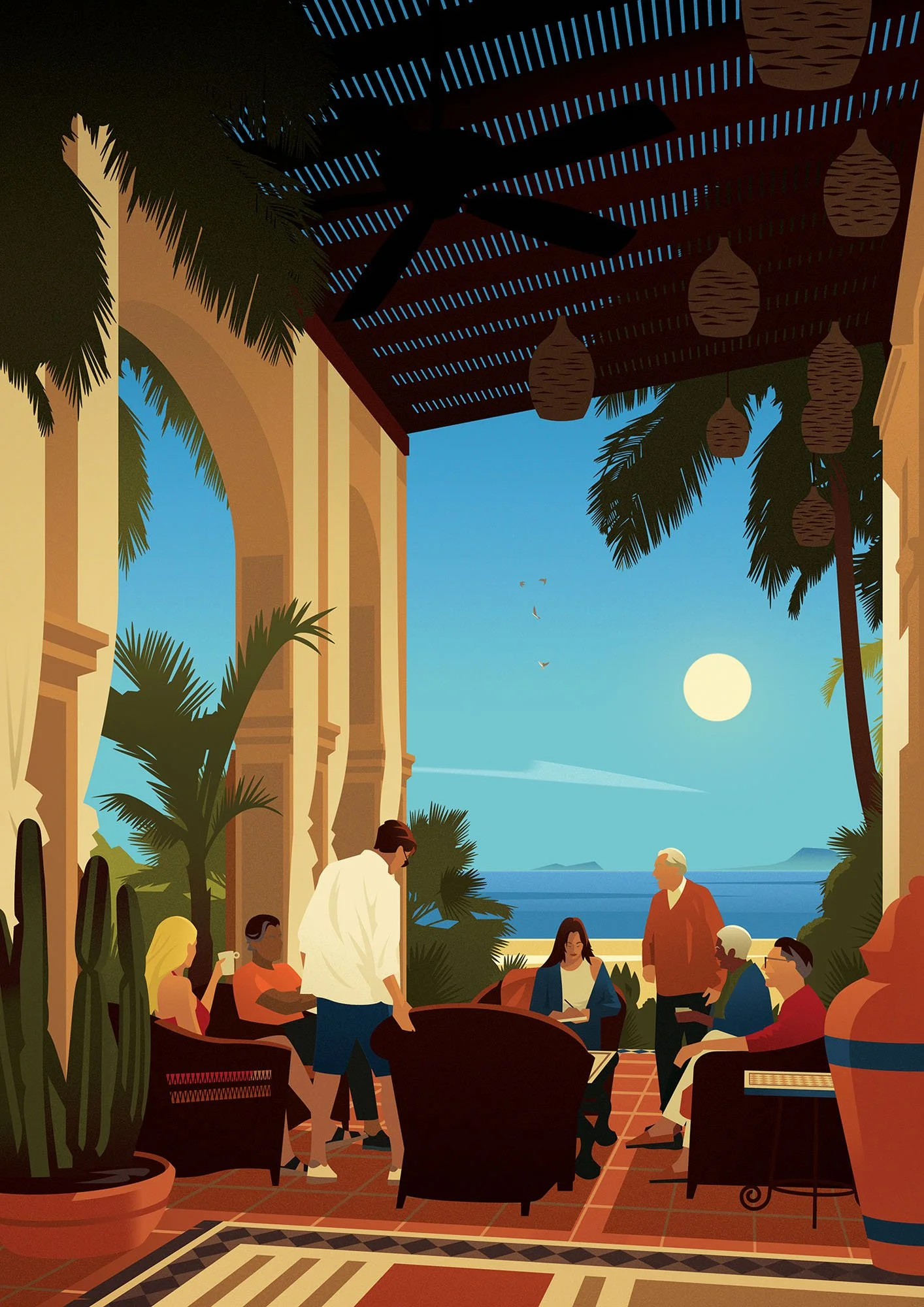 Group relaxing on a shaded coastal patio for a travel retreat lifestyle editorial textured vector illustration.