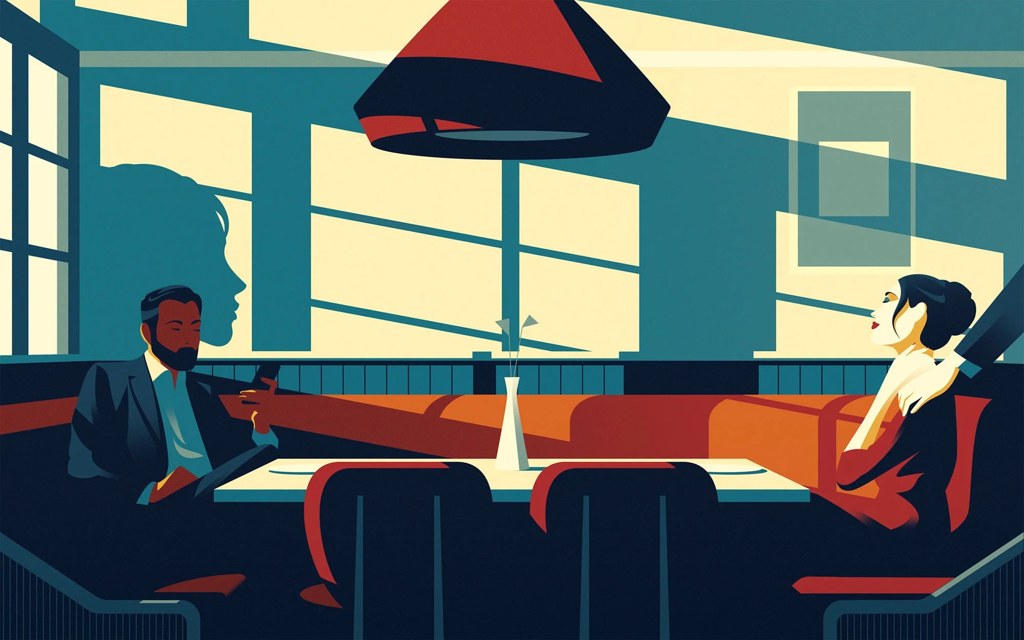 Man looking at his phone while a woman is touched by another hand in a diner for an affair conceptual editorial illustration.