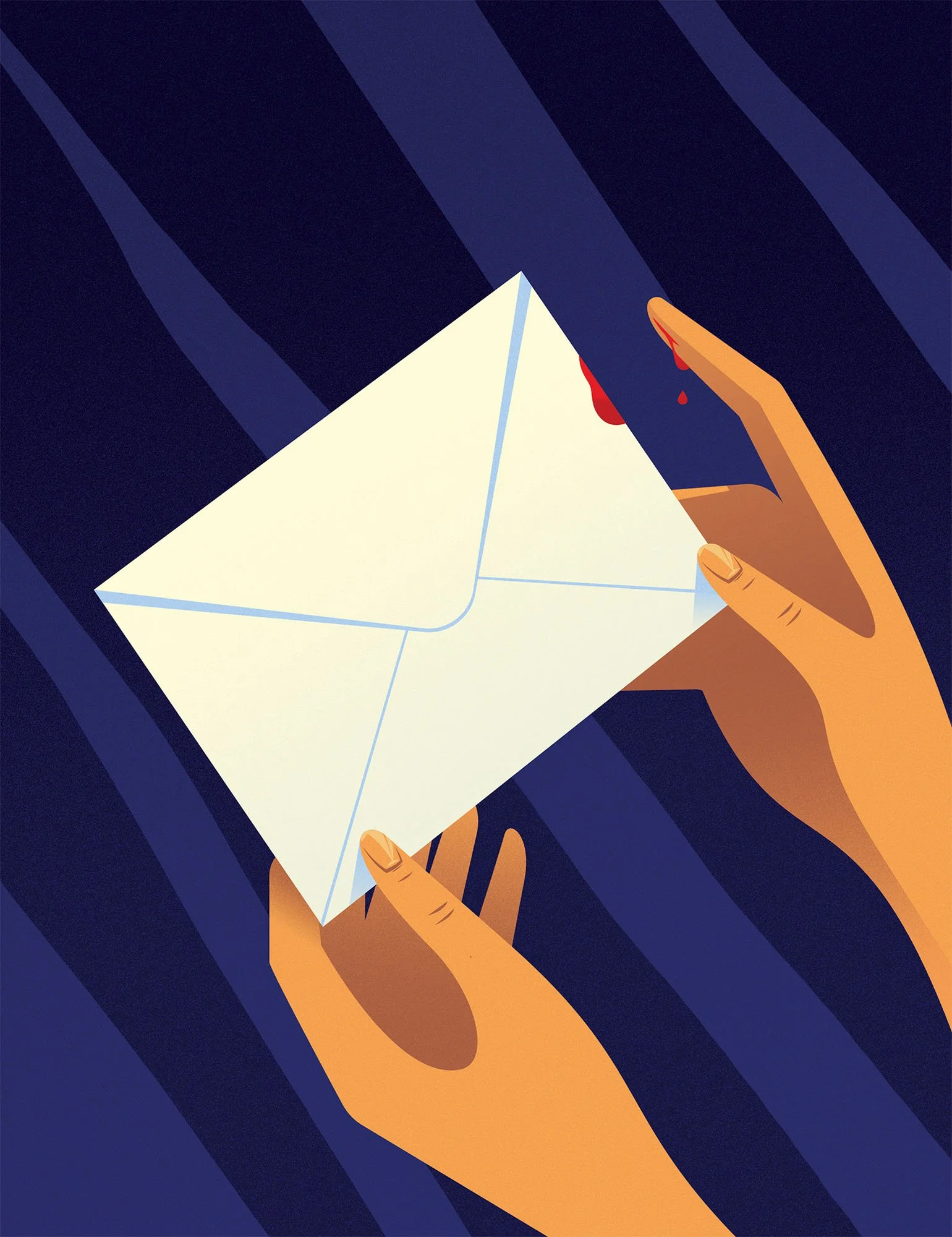 Hands with a bleeding papercut holding an envelope for a hate mail conceptual editorial textured vector illustration.