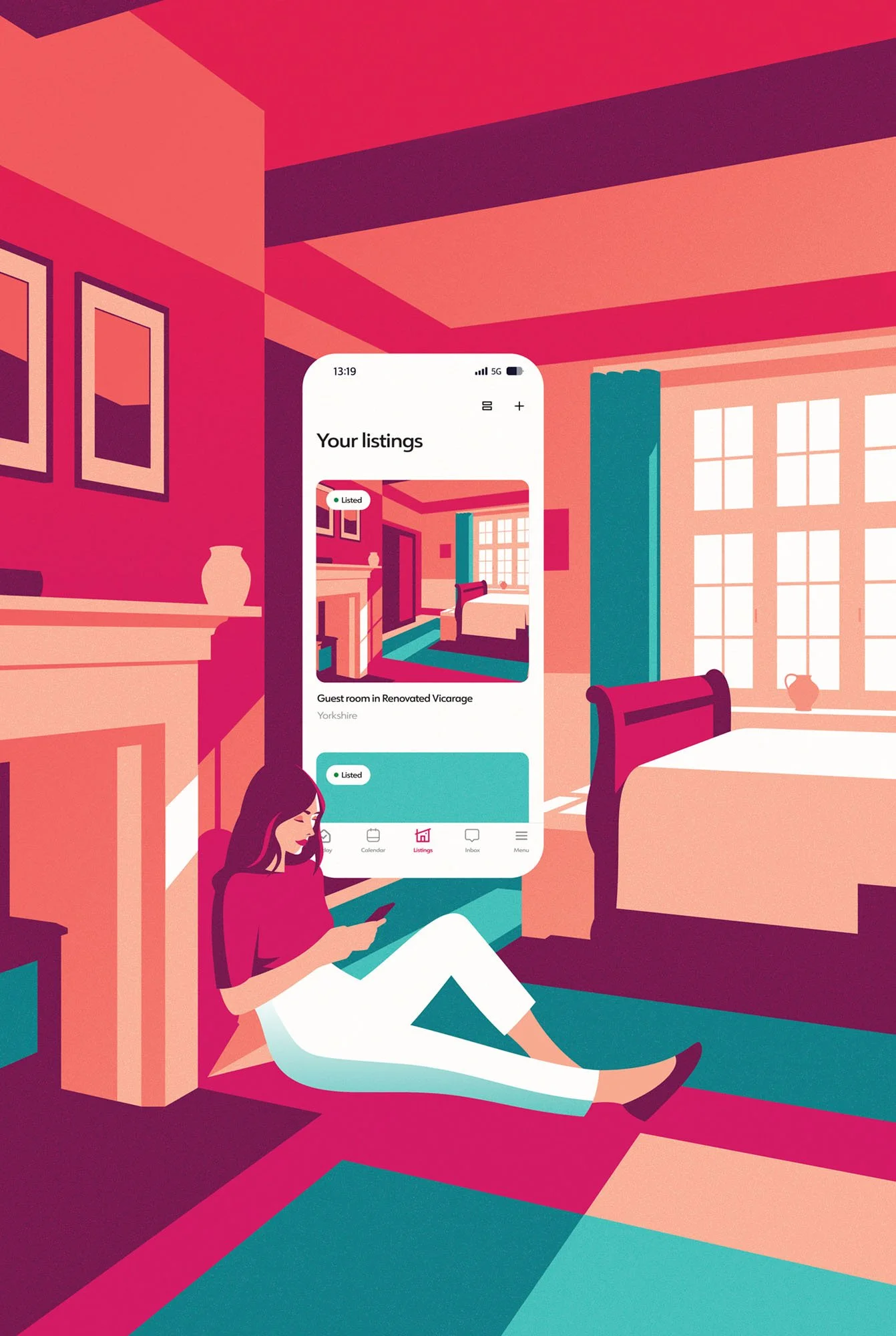 Woman using a phone app showing rental listings for an Airbnb conceptual advertorial textured vector illustration.