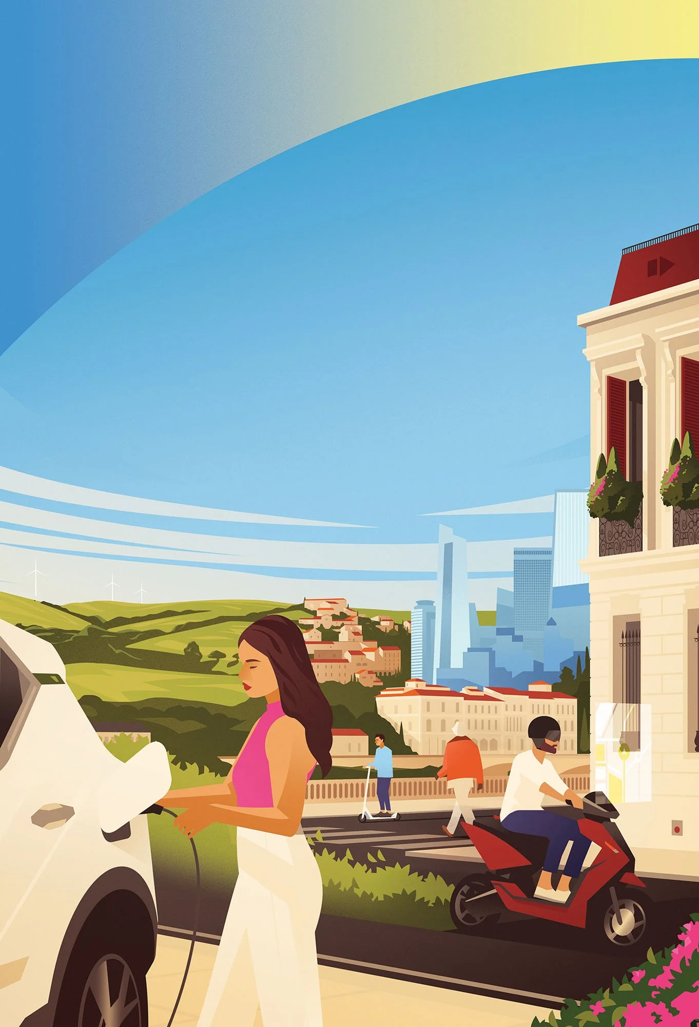 Woman charging an electric car in a city for a greener cities advertorial travel textured vector illustration.