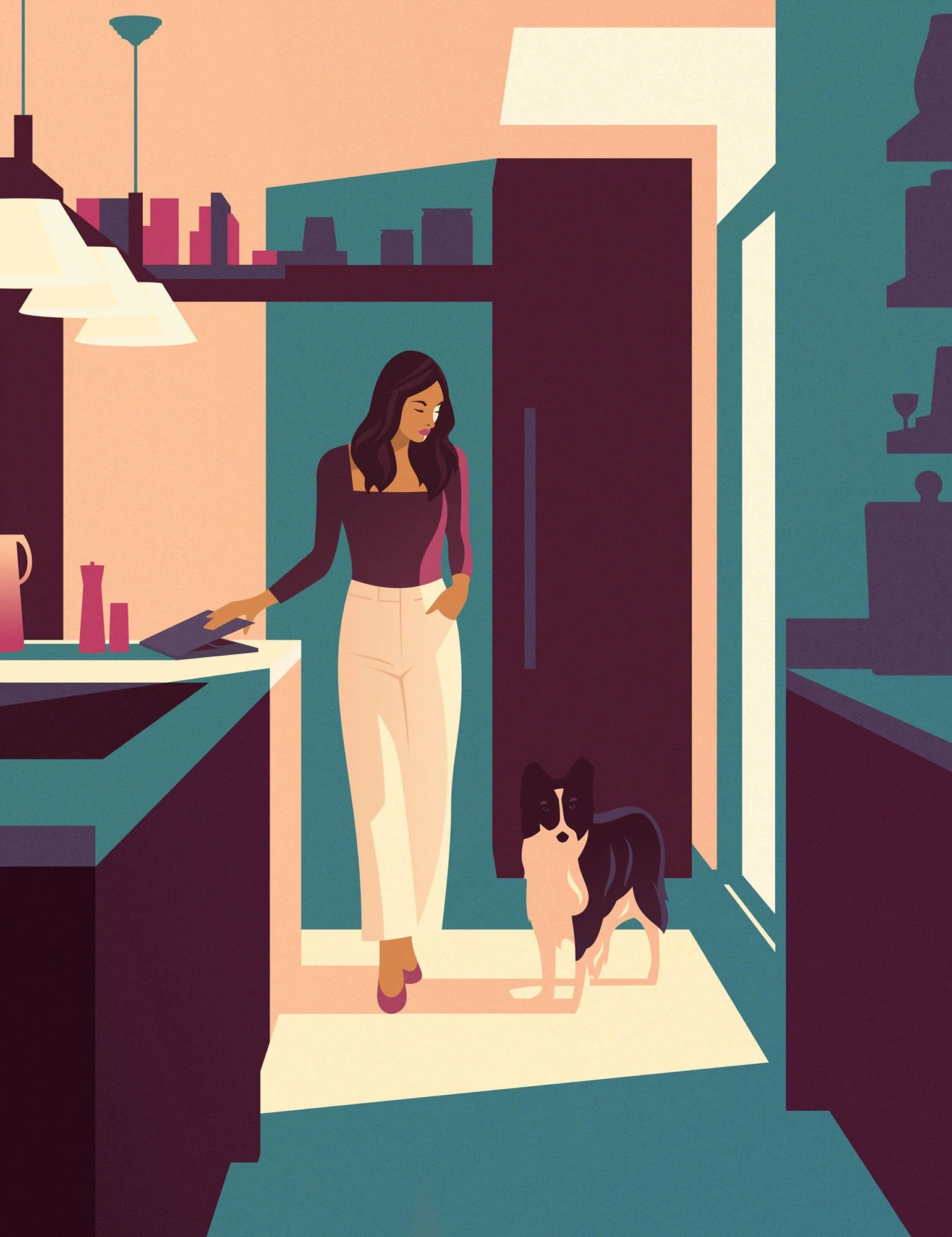 Woman standing in a modern kitchen with a dog for a luxury interior lifestyle advertorial textured vector illustration.