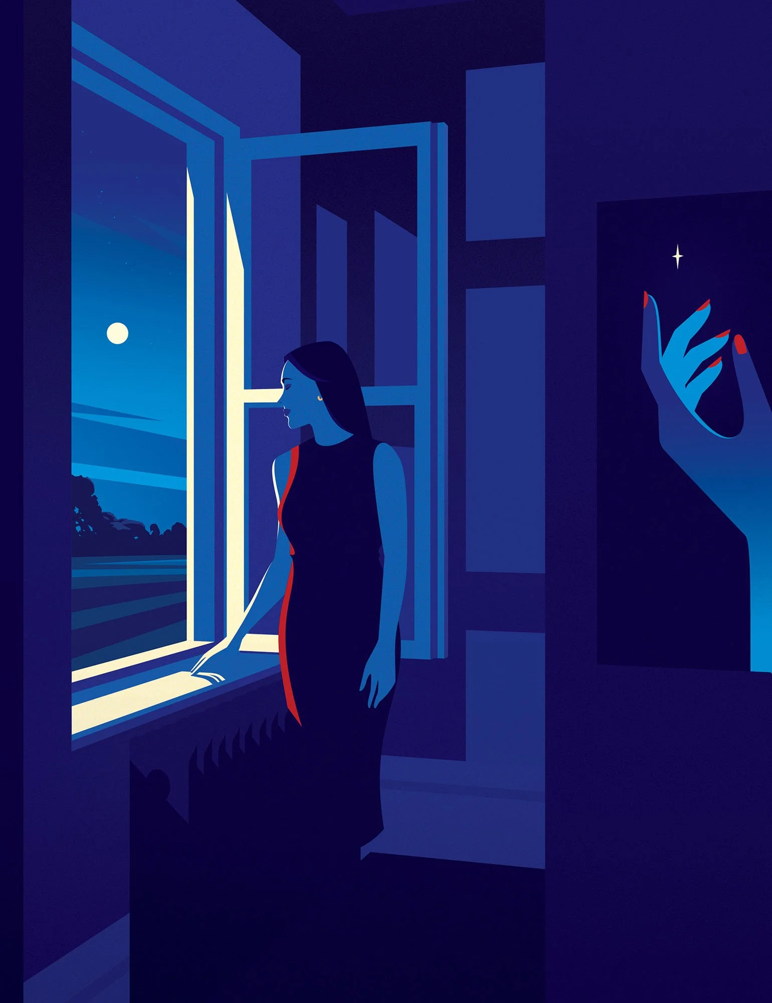Woman looking out an open window at night for hope conceptual editorial textured vector illustration.