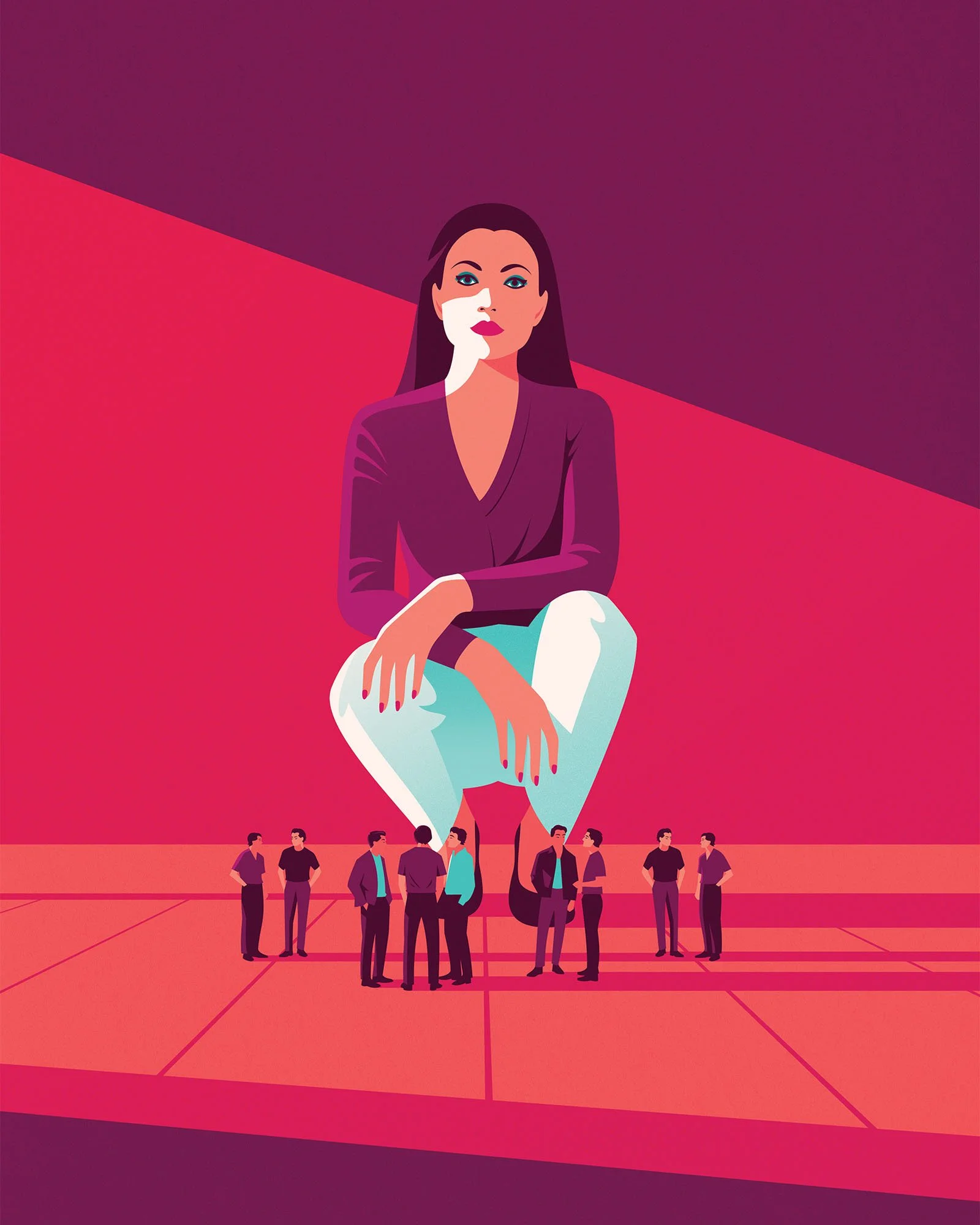 Giant woman crouching above tiny men for a female empowerment conceptual editorial textured vector illustration.