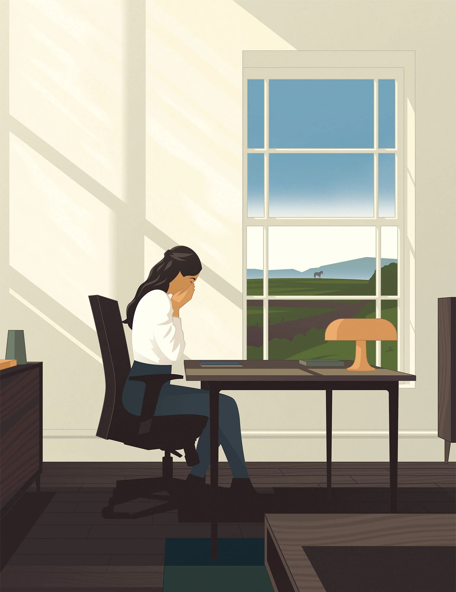 Stressed woman covering her face at a desk by a window for a working from home lifestyle editorial textured vector illustration.