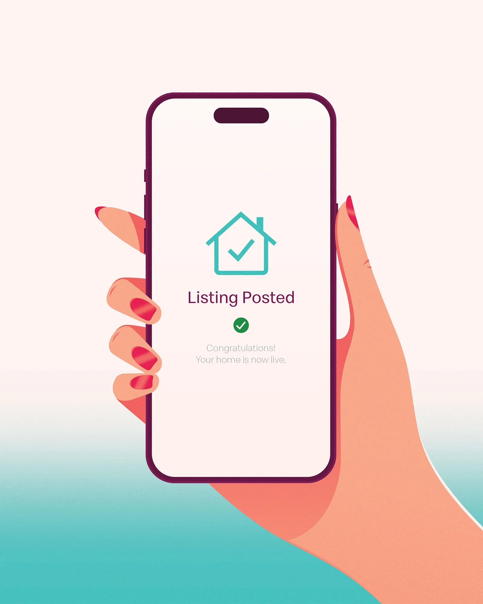 Hand holding a phone showing a "Listing Posted" success screen for a air bnb advertorial textured vector illustration.
