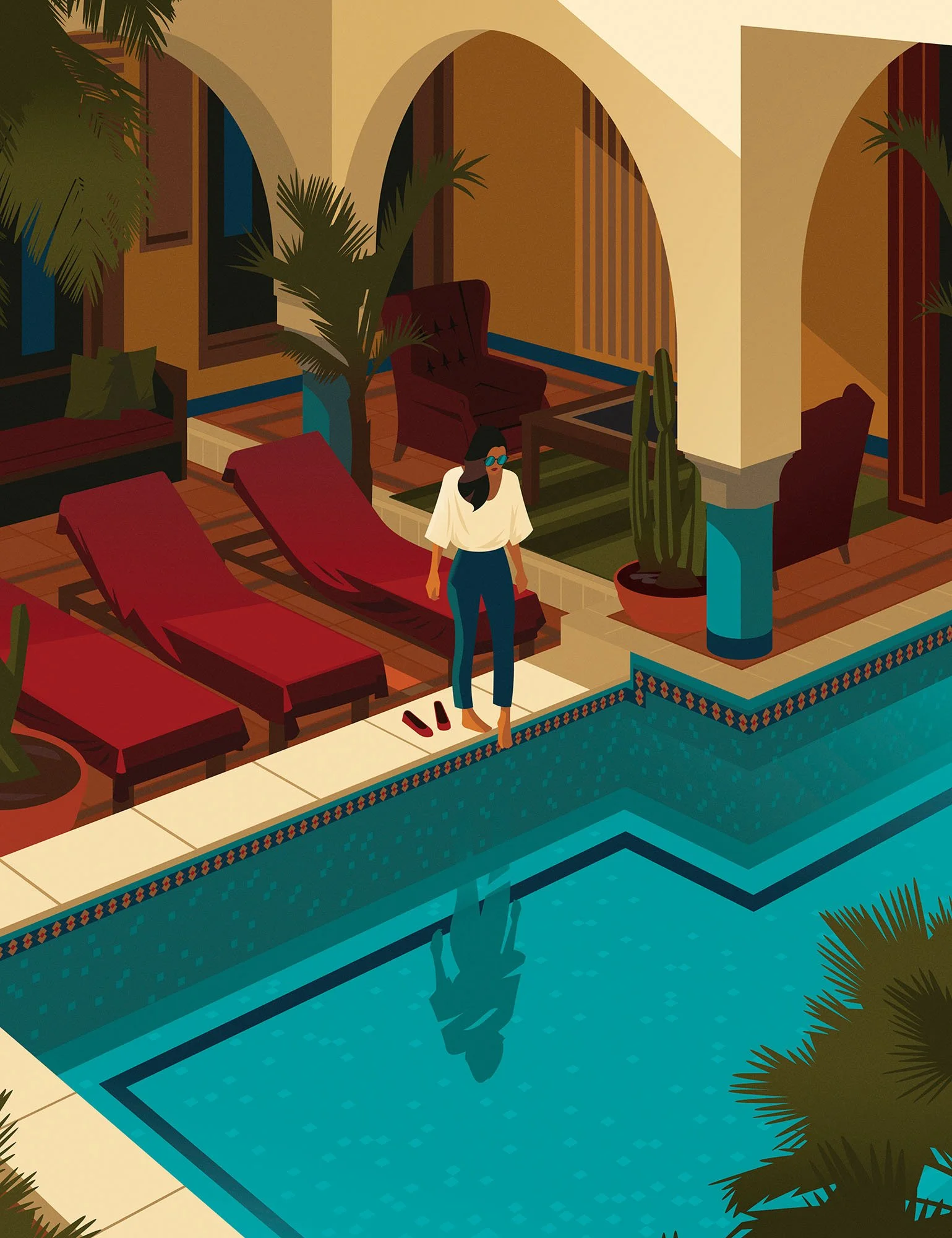 Woman dipping her toe in a luxury hotel pool for a travel lifestyle editorial textured vector illustration.
