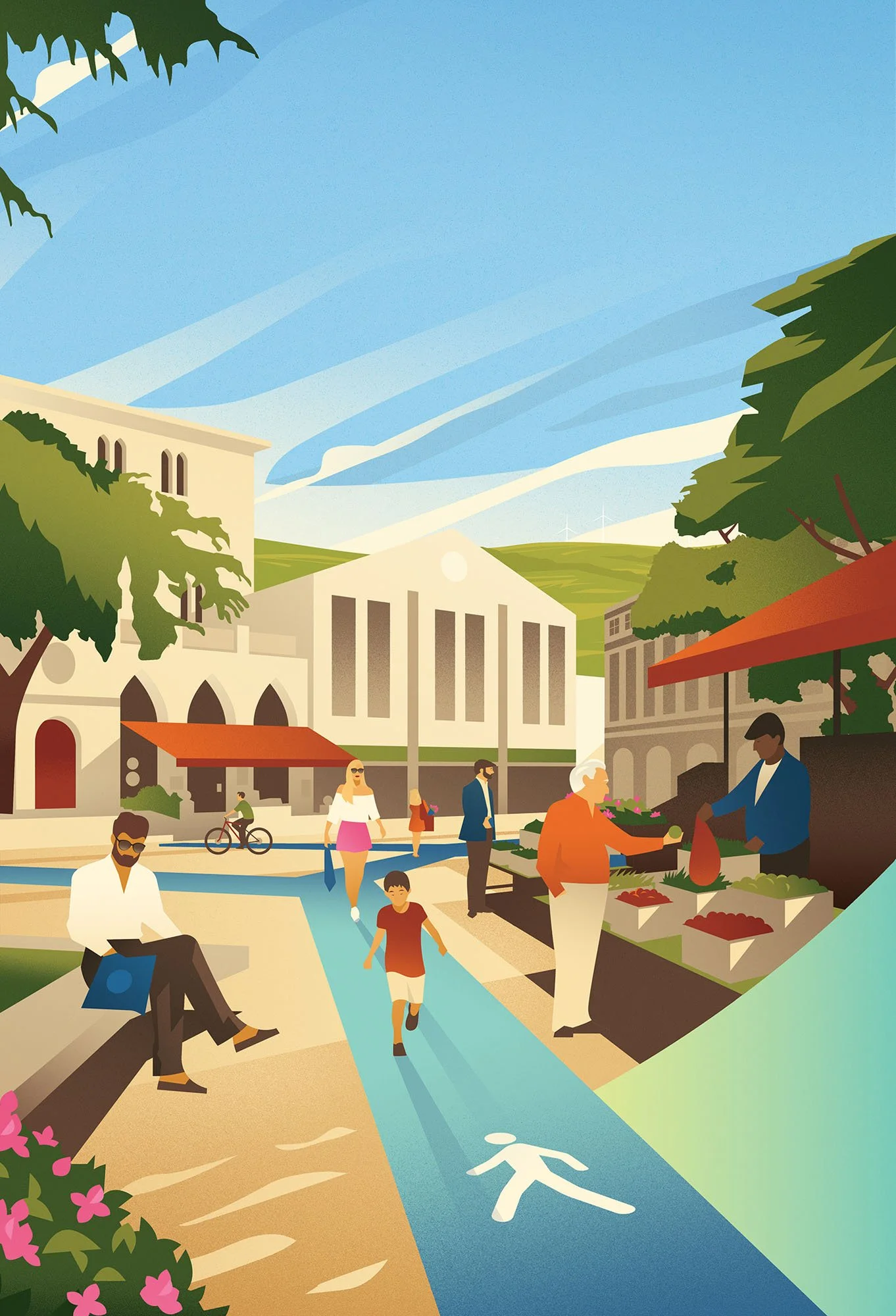 People walking and shopping at an outdoor market square for a community spaces advertorial travel textured vector illustration.