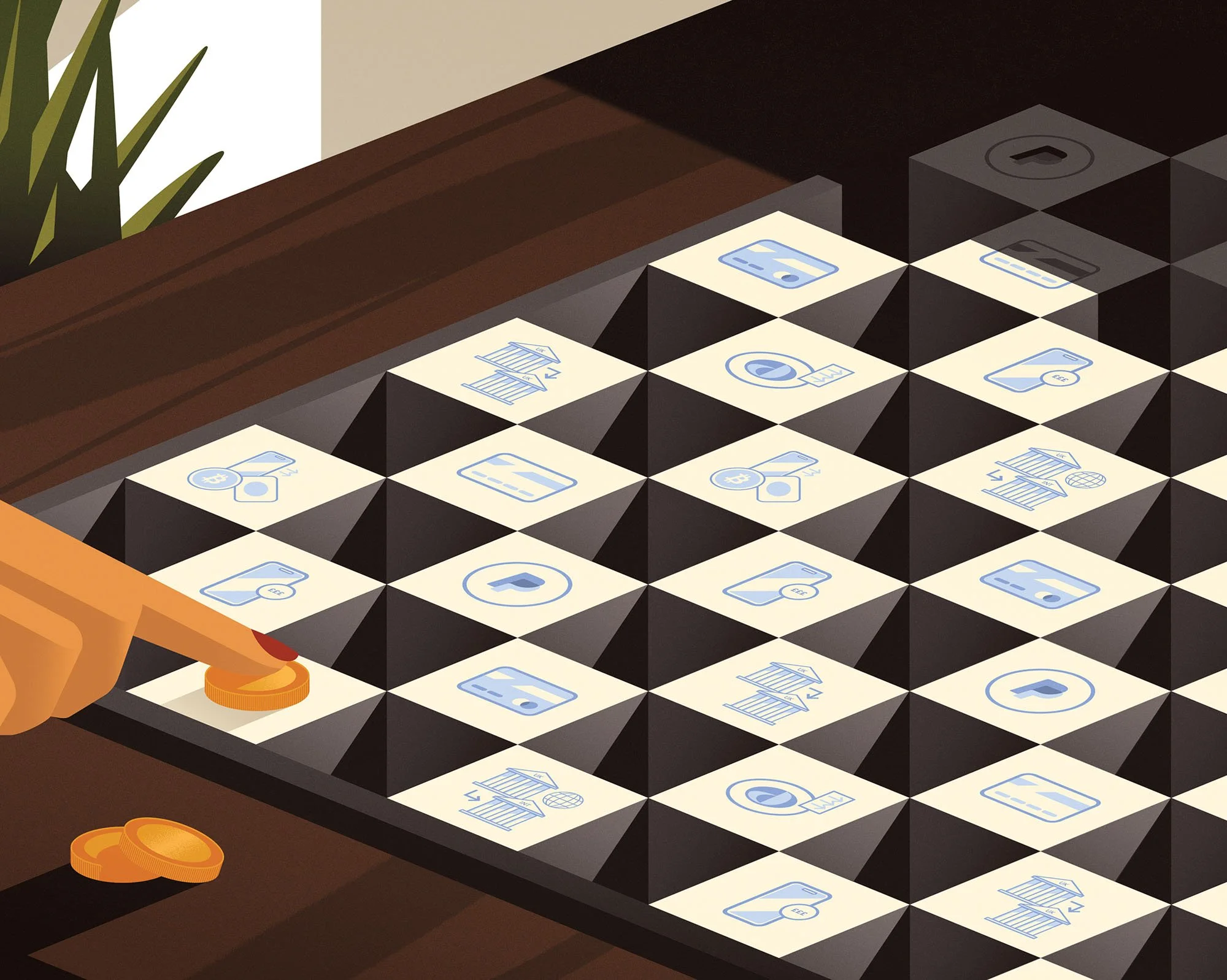 Finger pushing a coin on a chessboard with finance icons for a money transfer conceptual editorial vector illustration.