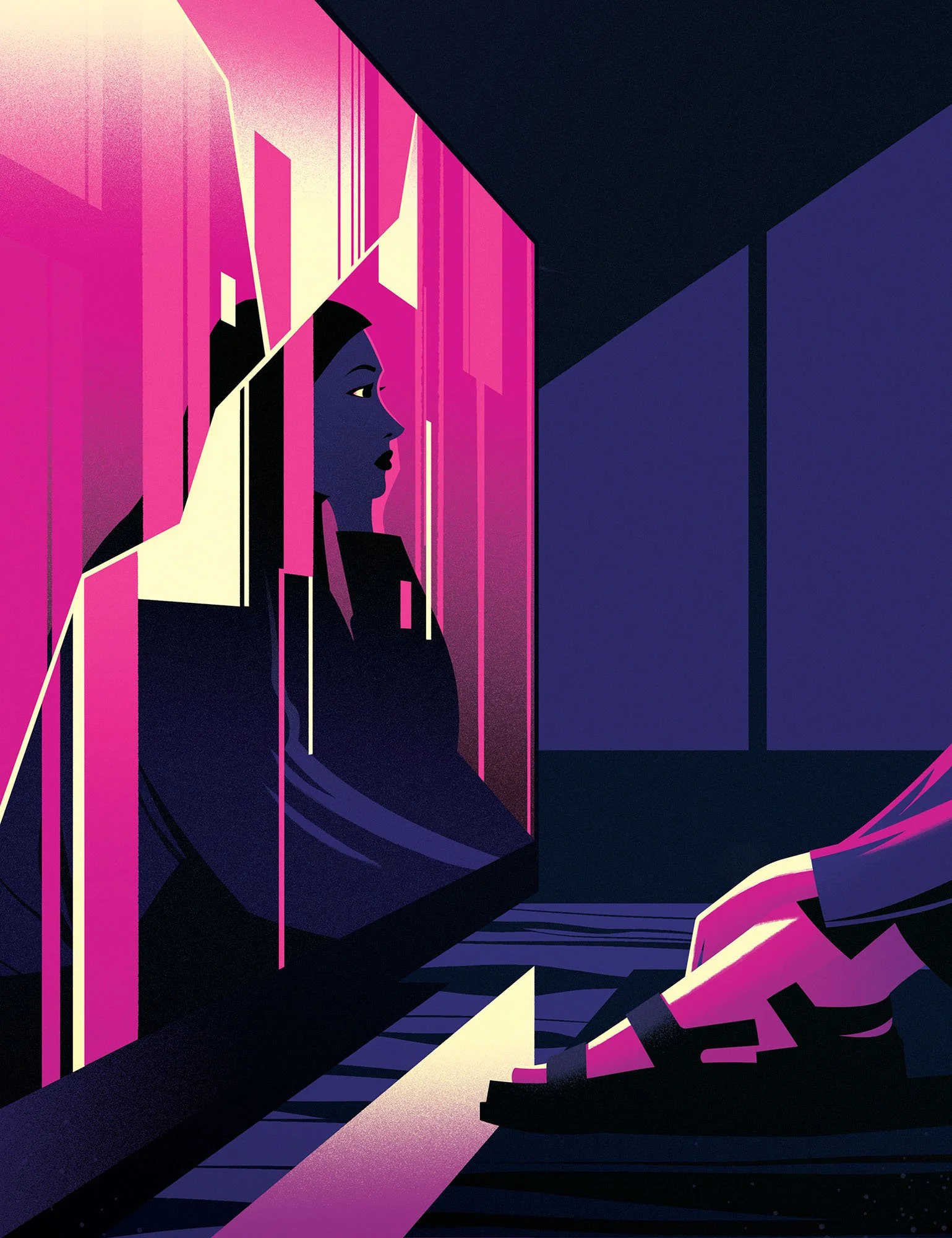 Woman sitting before a glitching pink reflection for a digital overconsumption conceptual editorial illustration.