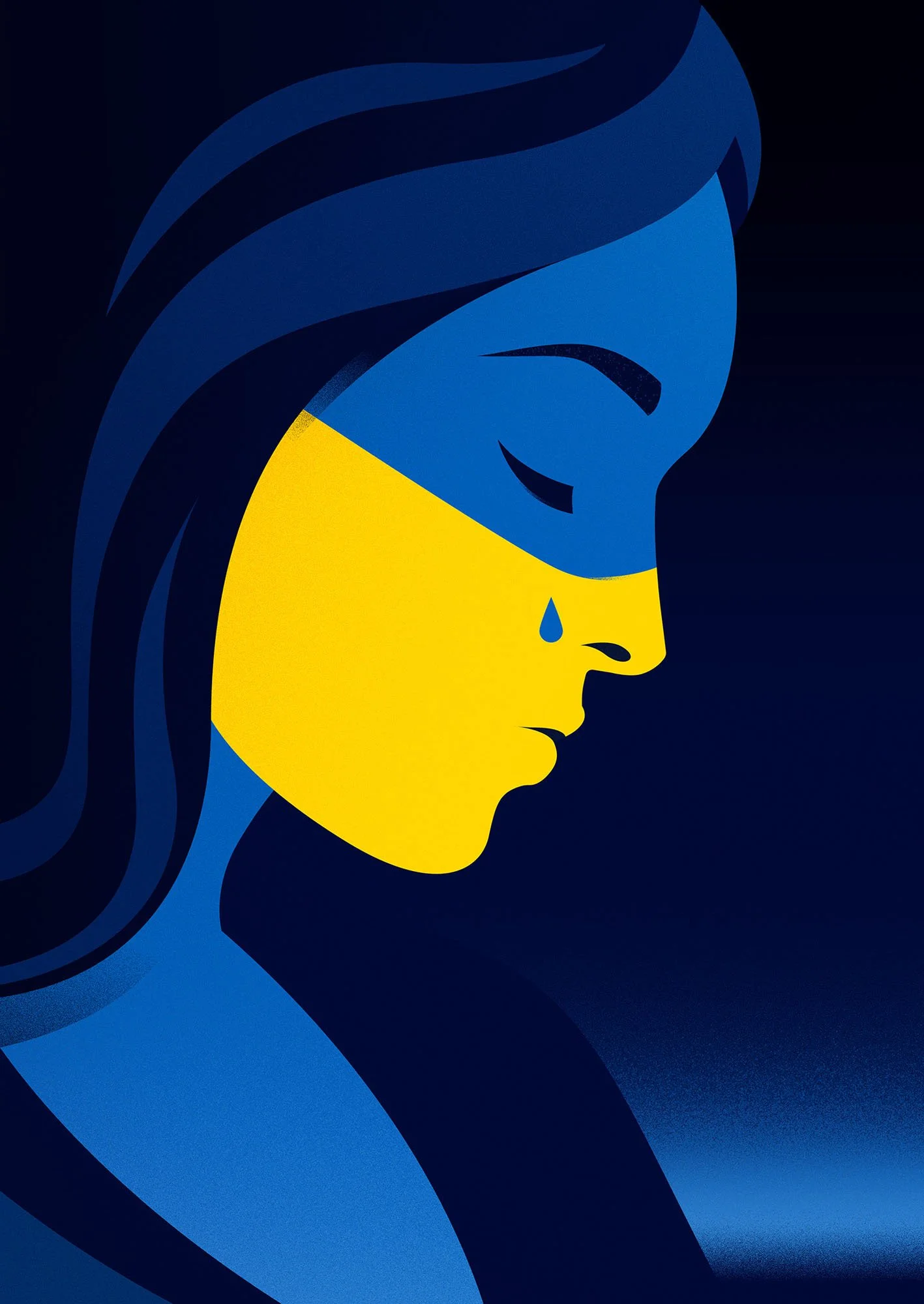 Woman with the Ukrainian flag painted on her face for a conceptual political editorial textured vector illustration.