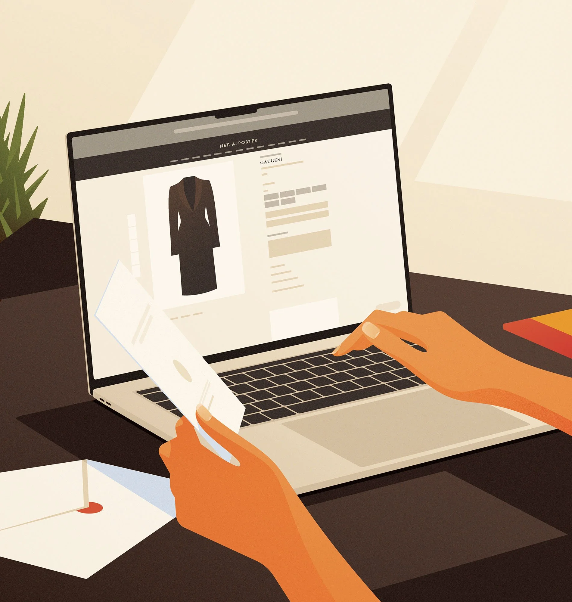 Hands shopping for a dress on a laptop while holding a statement for an online fashion lifestyle editorial illustration.