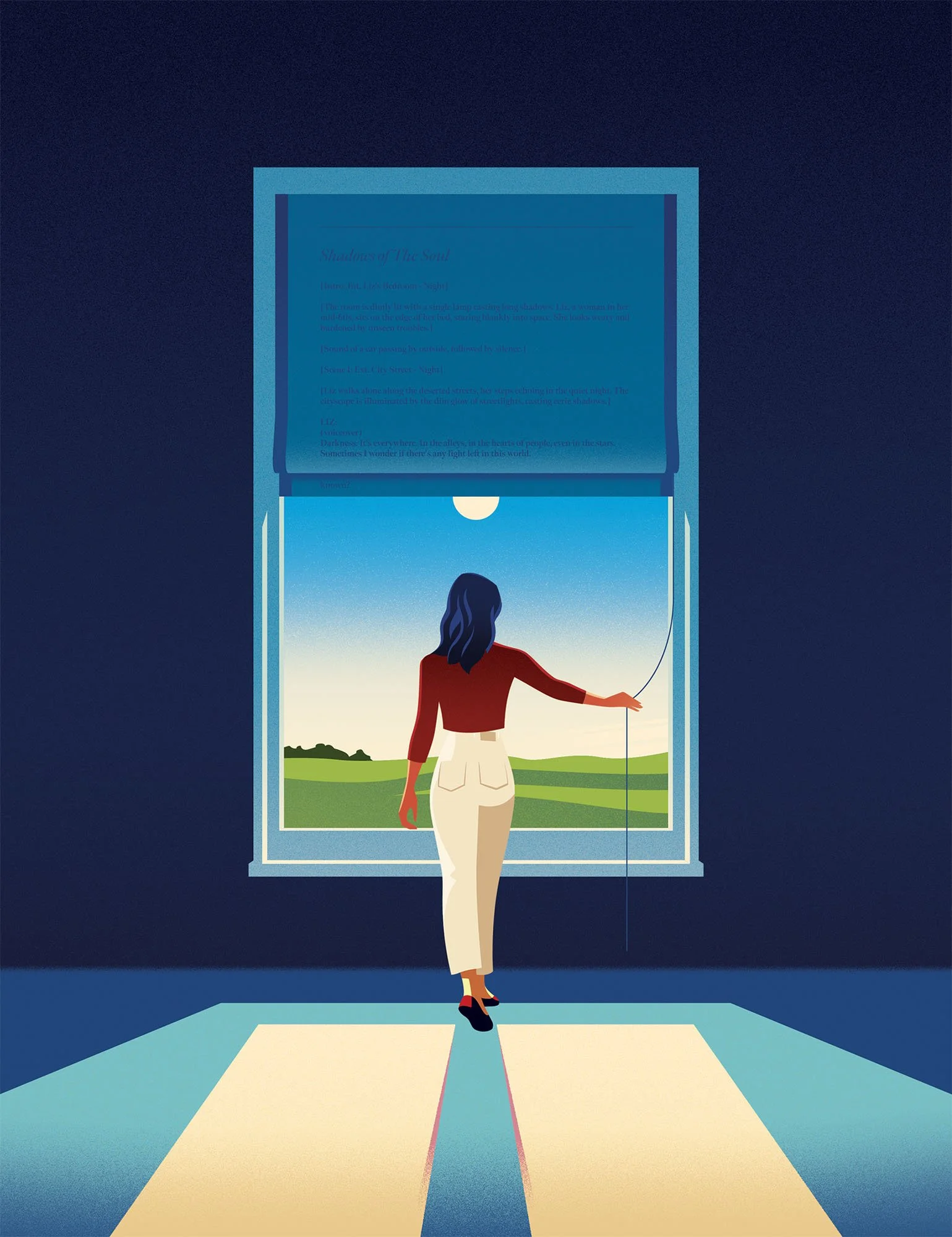 Woman looking out a window at a bright landscape for a hope conceptual editorial textured vector illustration.