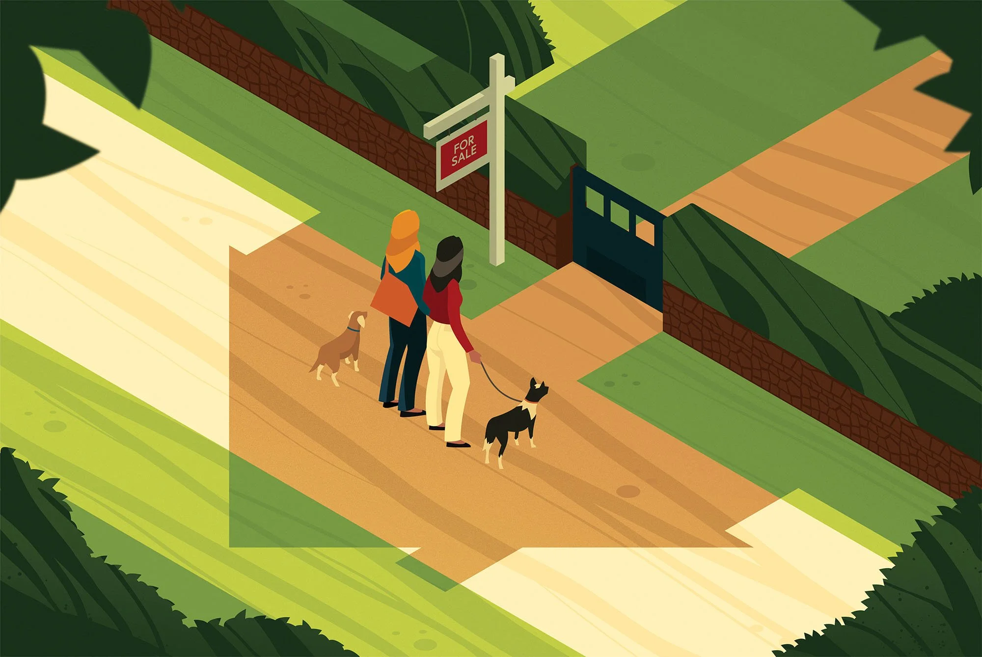 Two women walking dogs past a "For Sale" sign for a property market conceptual editorial textured vector illustration.