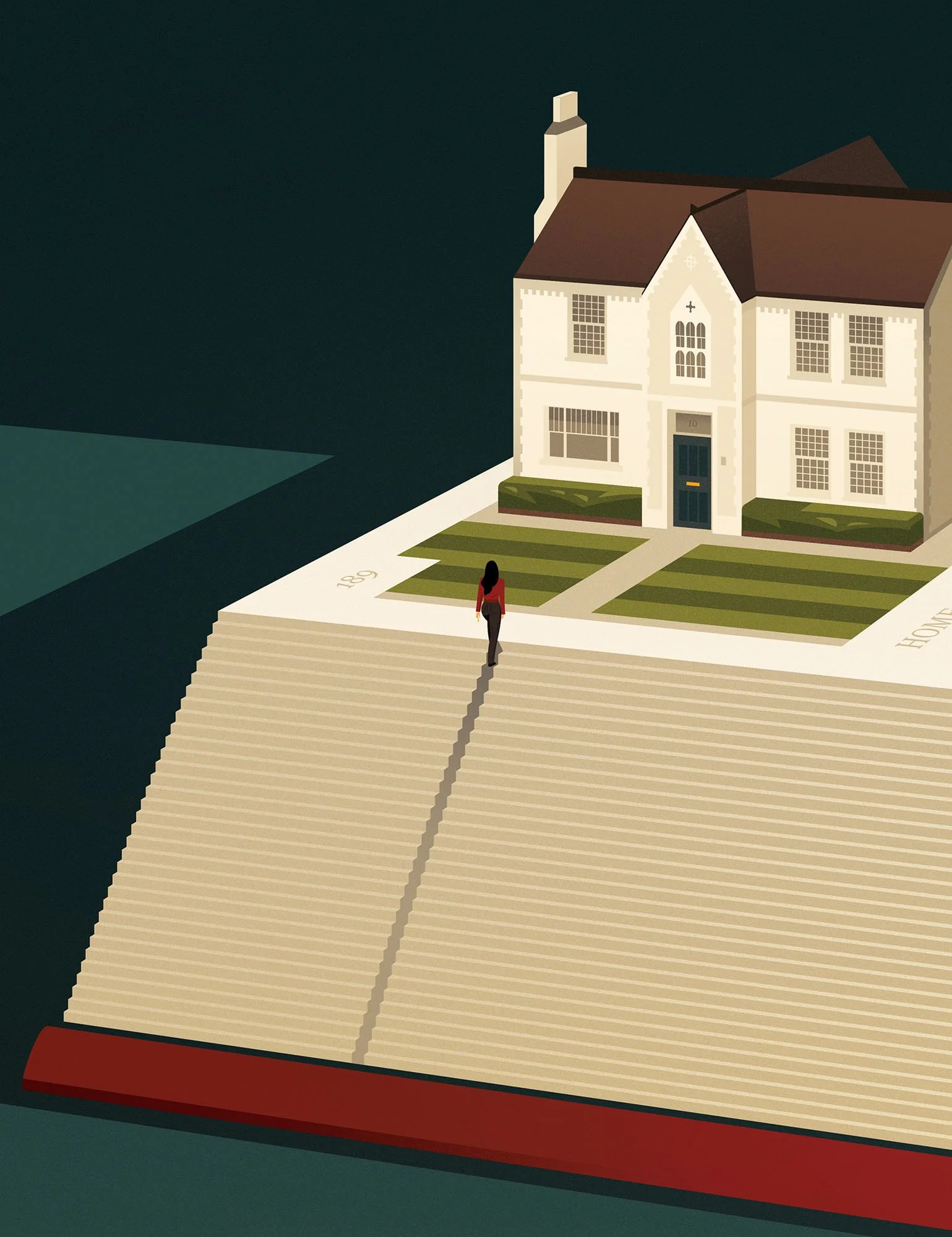 Woman climbing book pages to a house for a new chapter conceptual editorial textured vector illustration.
