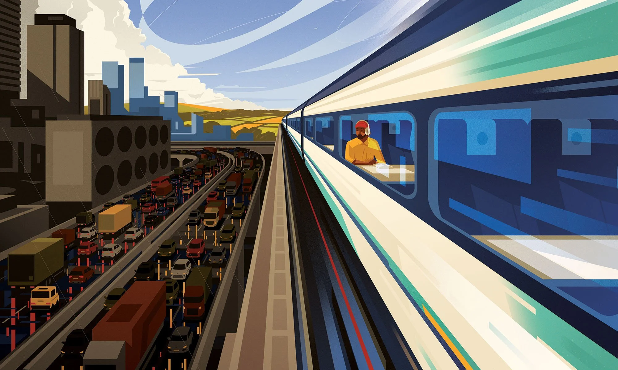 A fast train passing a congested highway with heavy traffic for a commuting advertorial textured vector illustration.