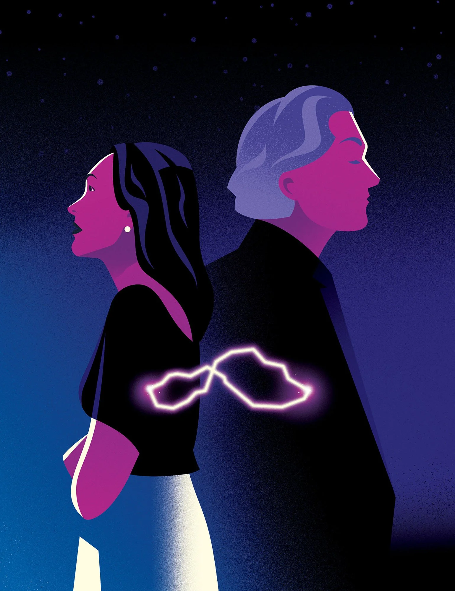 Couple standing back to back with an electric infinity symbol for a soulmates textured vector illustration.