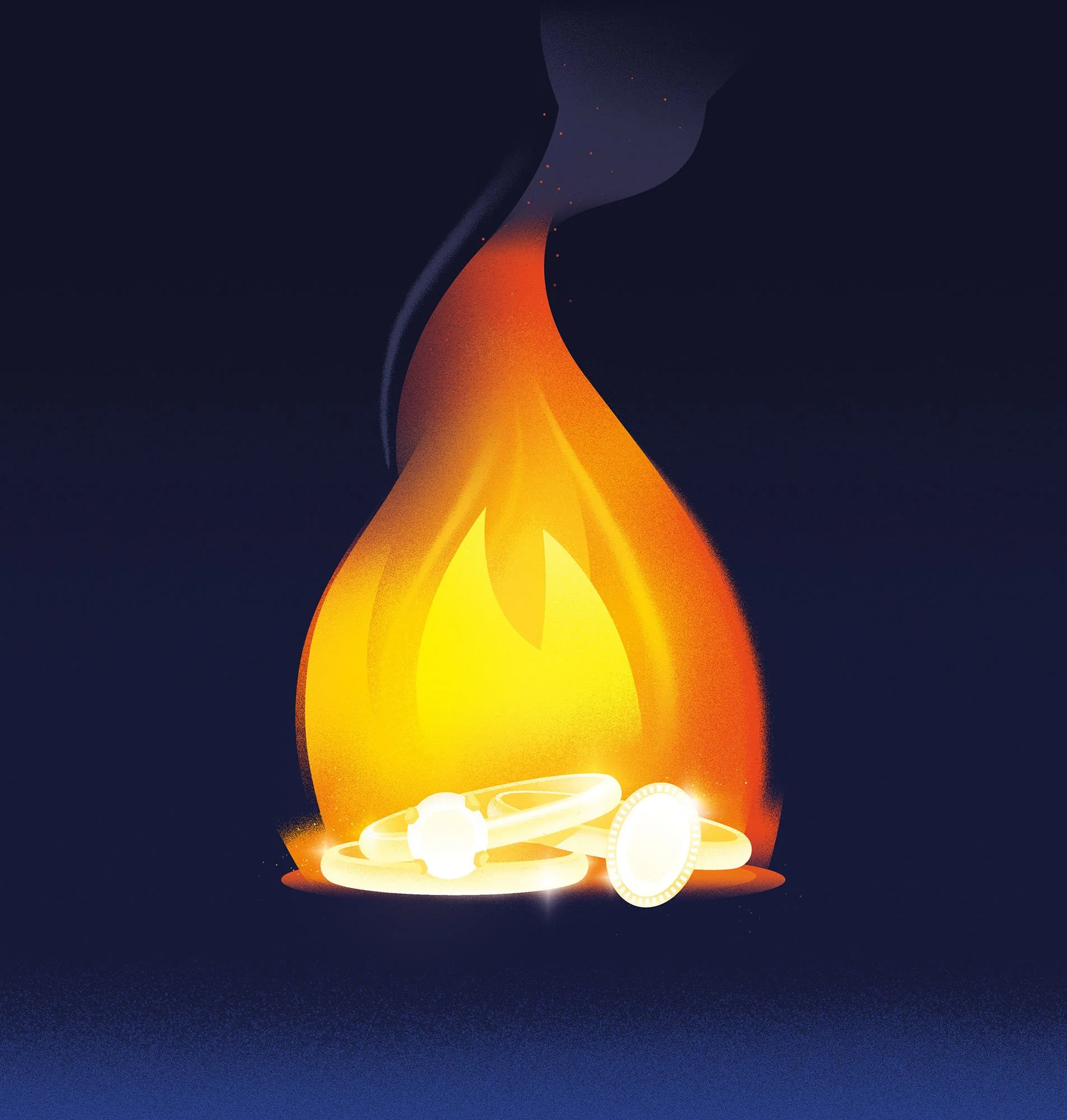 Glowing wedding rings burning in a fire for a divorce conceptual editorial textured vector illustration.