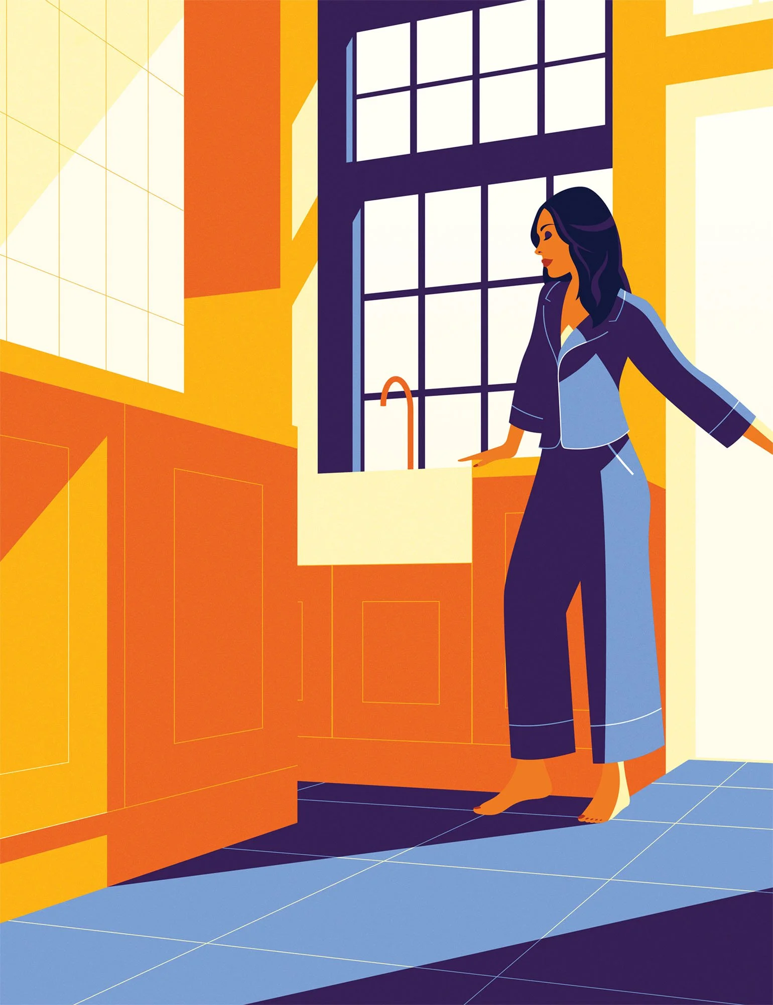 Woman in pajamas waking up in a sunny kitchen for a lifestyle advertorial textured vector illustration.